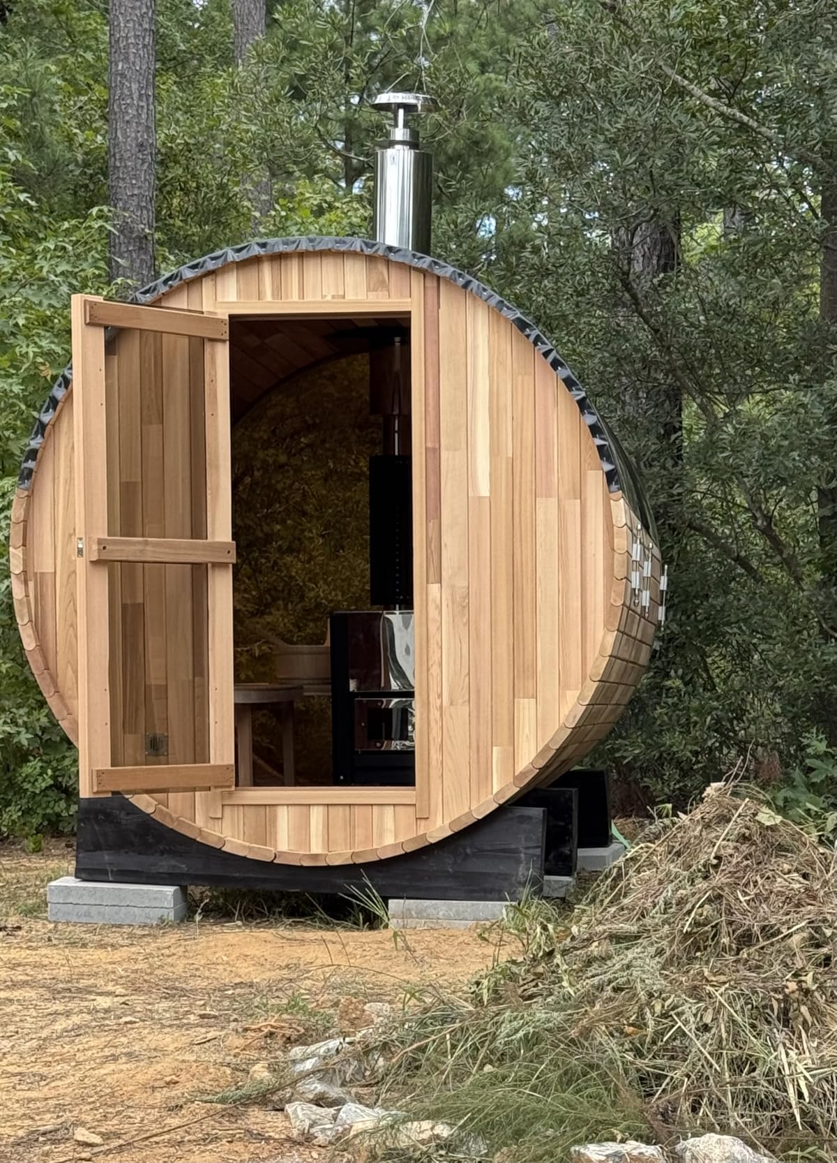 ZONEMEL Barrel Steam Sauna Room with Panoramic View, Canadian Red Cedar Outdoor Sauna with Wood Shingle Roof, Wood-Fired Stove, 8 Person, 8mm Tempered Glass customer photo 1