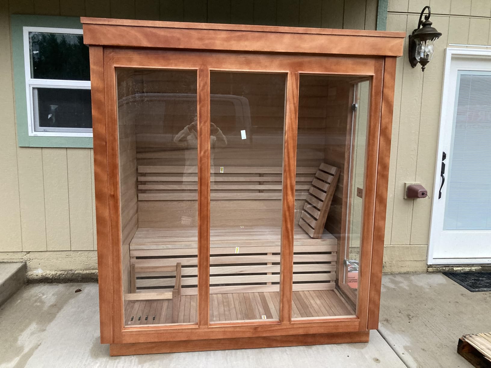 Customize Outdoor Barrel Sauna with Porch, Wood Burning Stove or Electric Stove, 4-8 Person DIY Wooden Sauna Kit customer photo 2