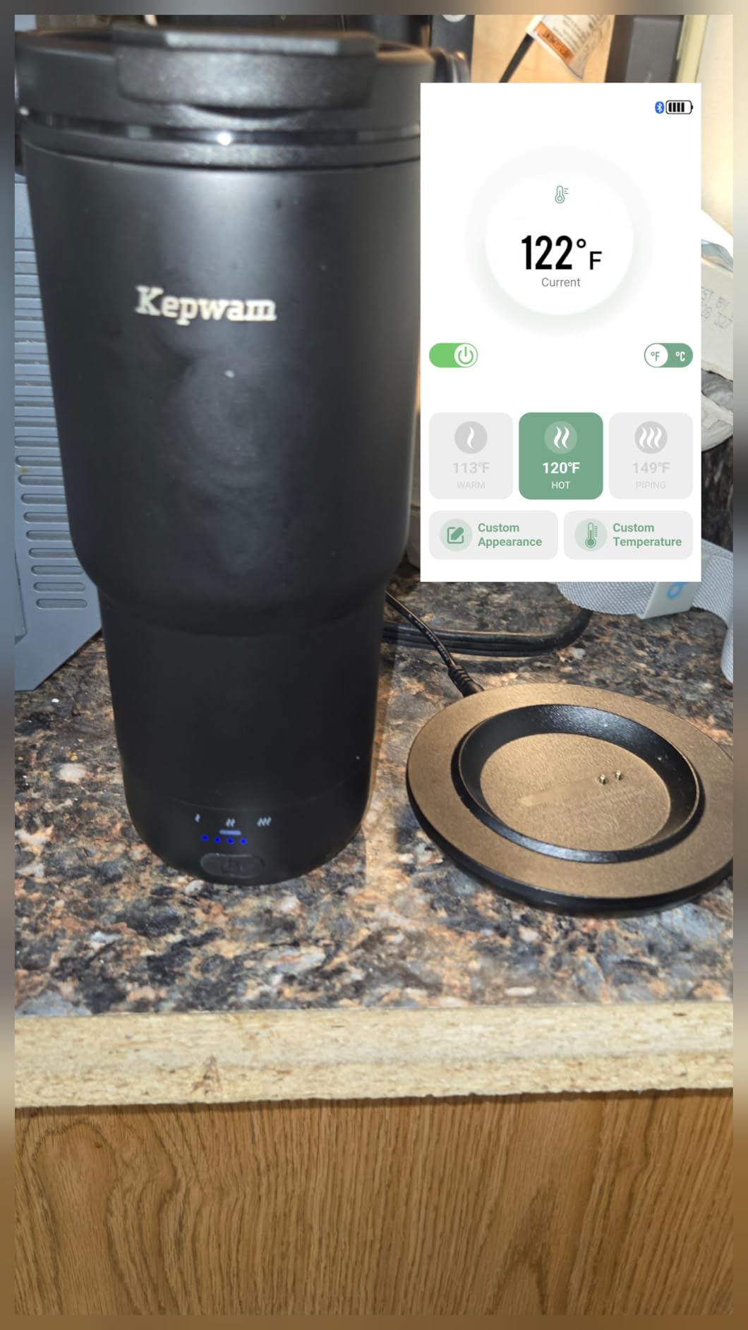 Kepwam Heated Coffee Mug Rechargeable T3, 20oz Self-Heating Travel Mug for Coffee with 1F Precise Temperature Control & App, Portable Cup Warmer for Outdoor & Car customer photo 2