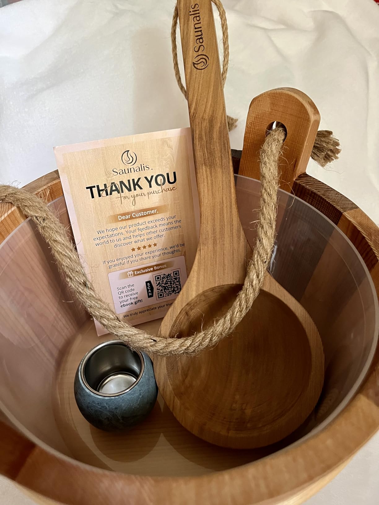 Sauna Bucket and Ladle Set - Canadian Red Cedar Wood - 1 Gallon (4L) Wooden Sauna Water Bucket with Liner & Rope Handle - Includes Aromatherapy Diffuser Cup - Traditional Finnish Sauna Accessories customer photo 2