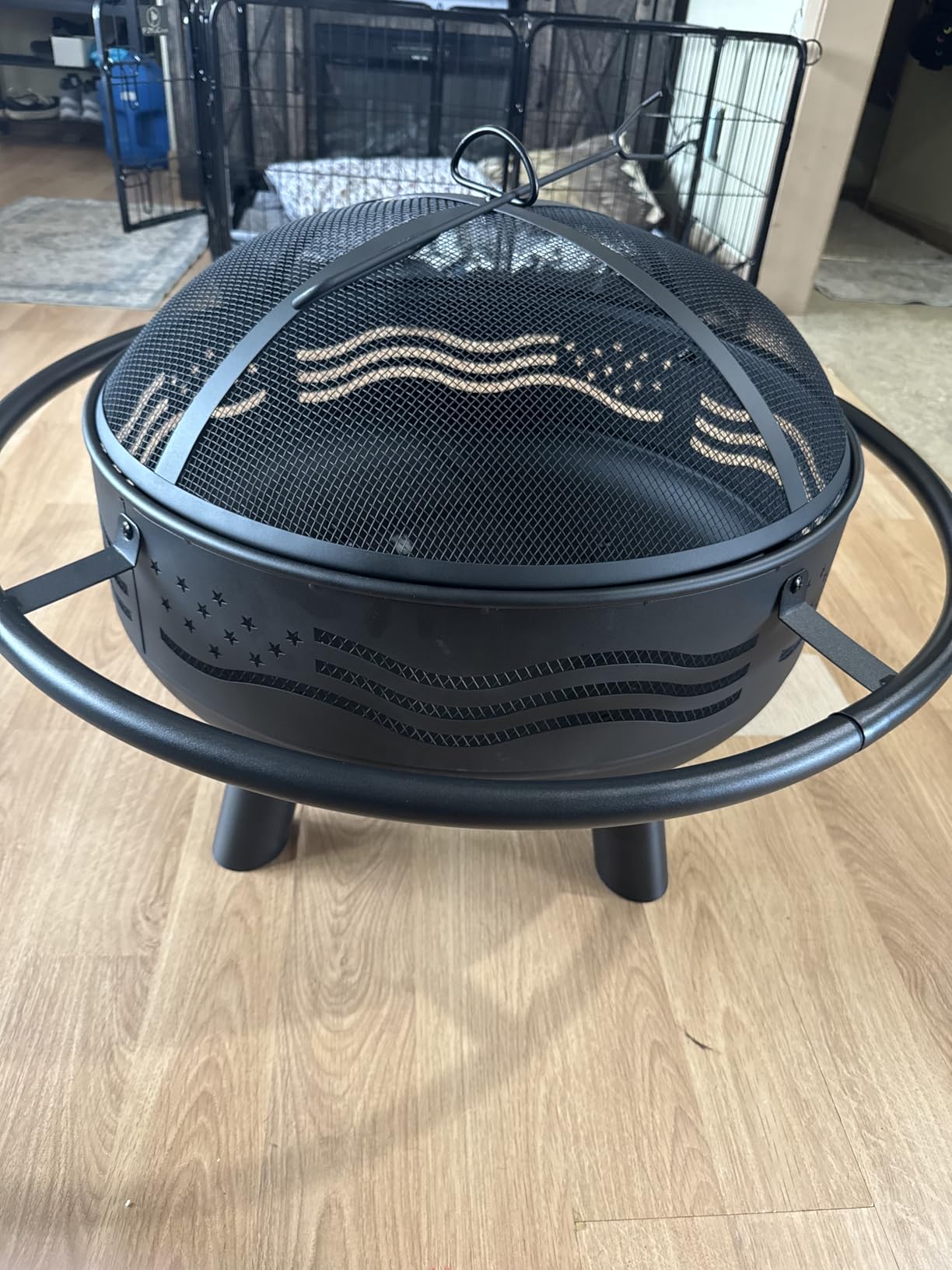 Breezz 32 Inch American Flag Fire Pit with Mesh Cover & Poker, Round Metal Wood Burning Outdoor Firepit for Patio, Garden, Backyard, Bonfire, Ideal for 4th of July, Memorial Day, Christmas customer photo 1