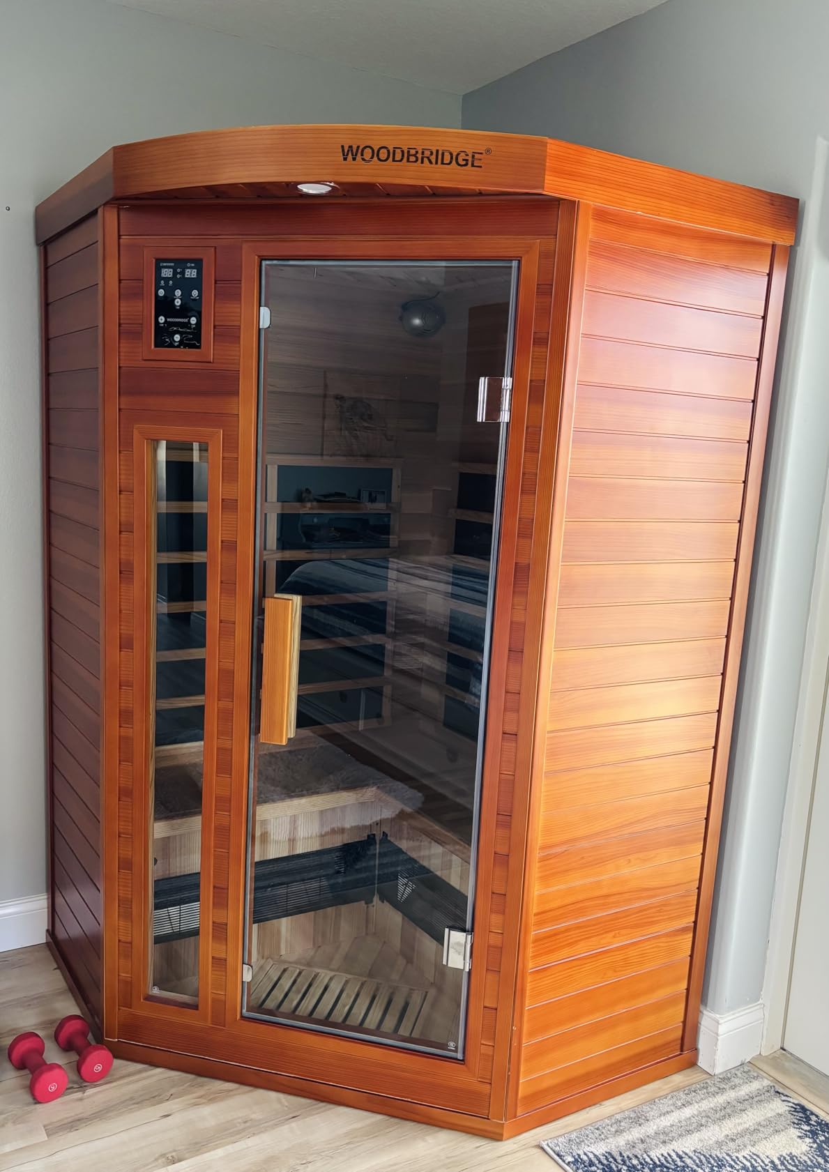 Woodbridge Infrared Home Sauna Room 2 Person Japanese Cedar Indoor Sauna with 7 Carbon Heaters, Red Light Therapy, Bluetooth Speaker, Intelligent Control Panel, Tempered Glass & Top Vent customer photo 1