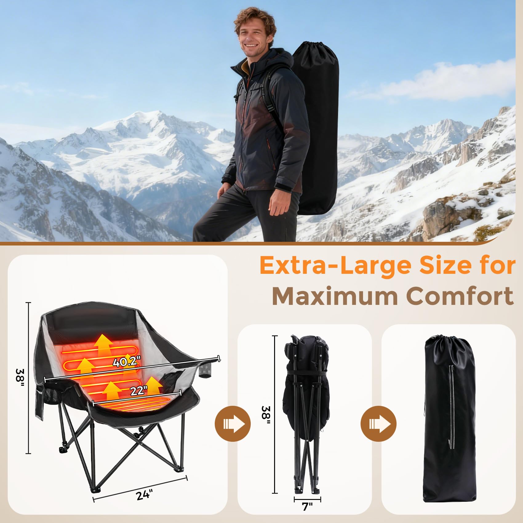 Suteck Heated Camping Chair with 20000mAh Battery, Oversized Heated Chairs W/3 Heat Levels & 2 Heating Zones, Portable Heated Folding Chair Use for Outdoor Sports, Camping, Lawn customer photo 2