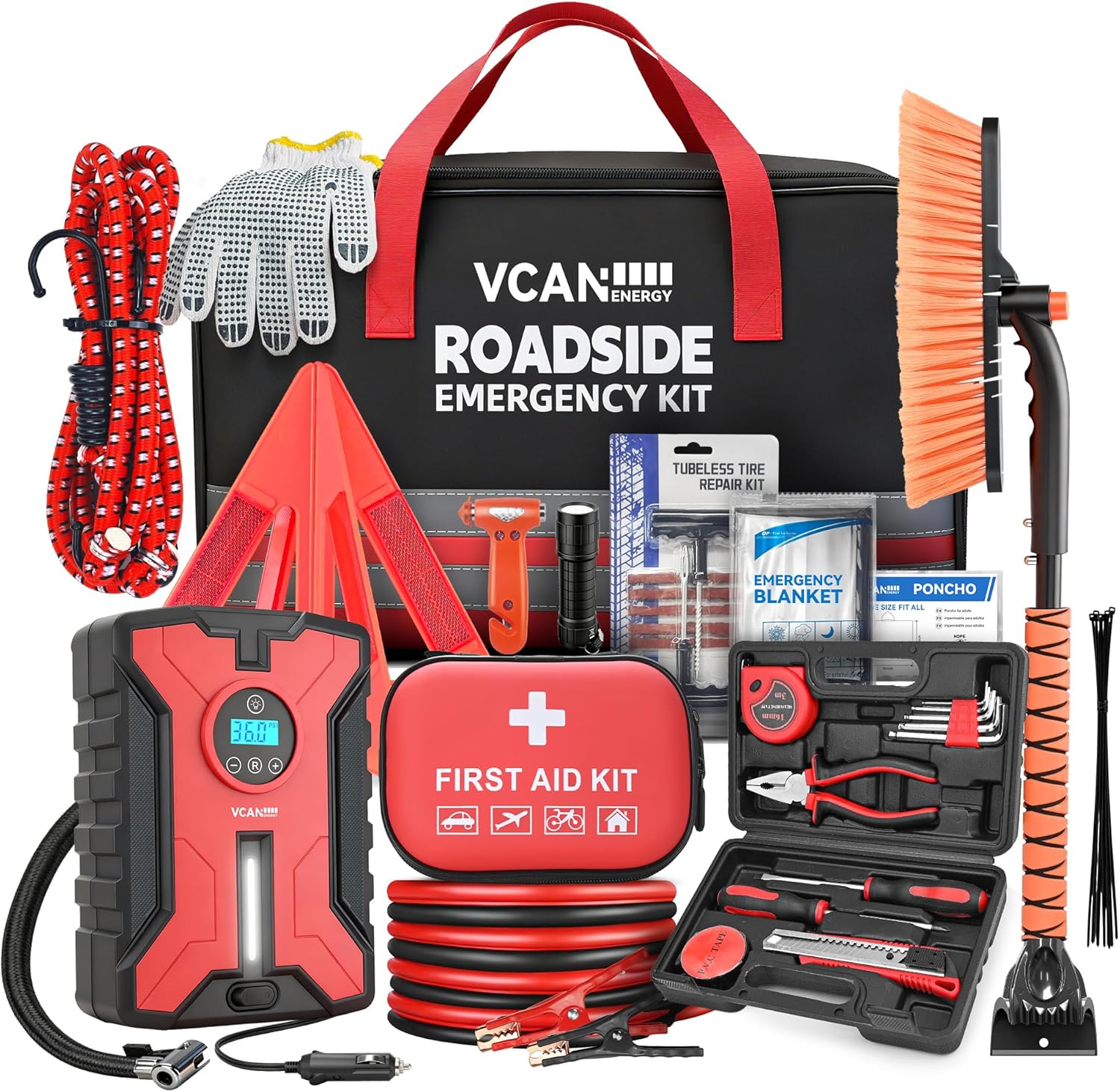 Car Emergency Safety Kit Bag with Portable Air Compressor, Jumper Cables,First Aid Kit, Winter Vehicle Roadside Emergency Kit with Snow Brush and Ice Scraper, for Women, Men, Teen customer photo 1