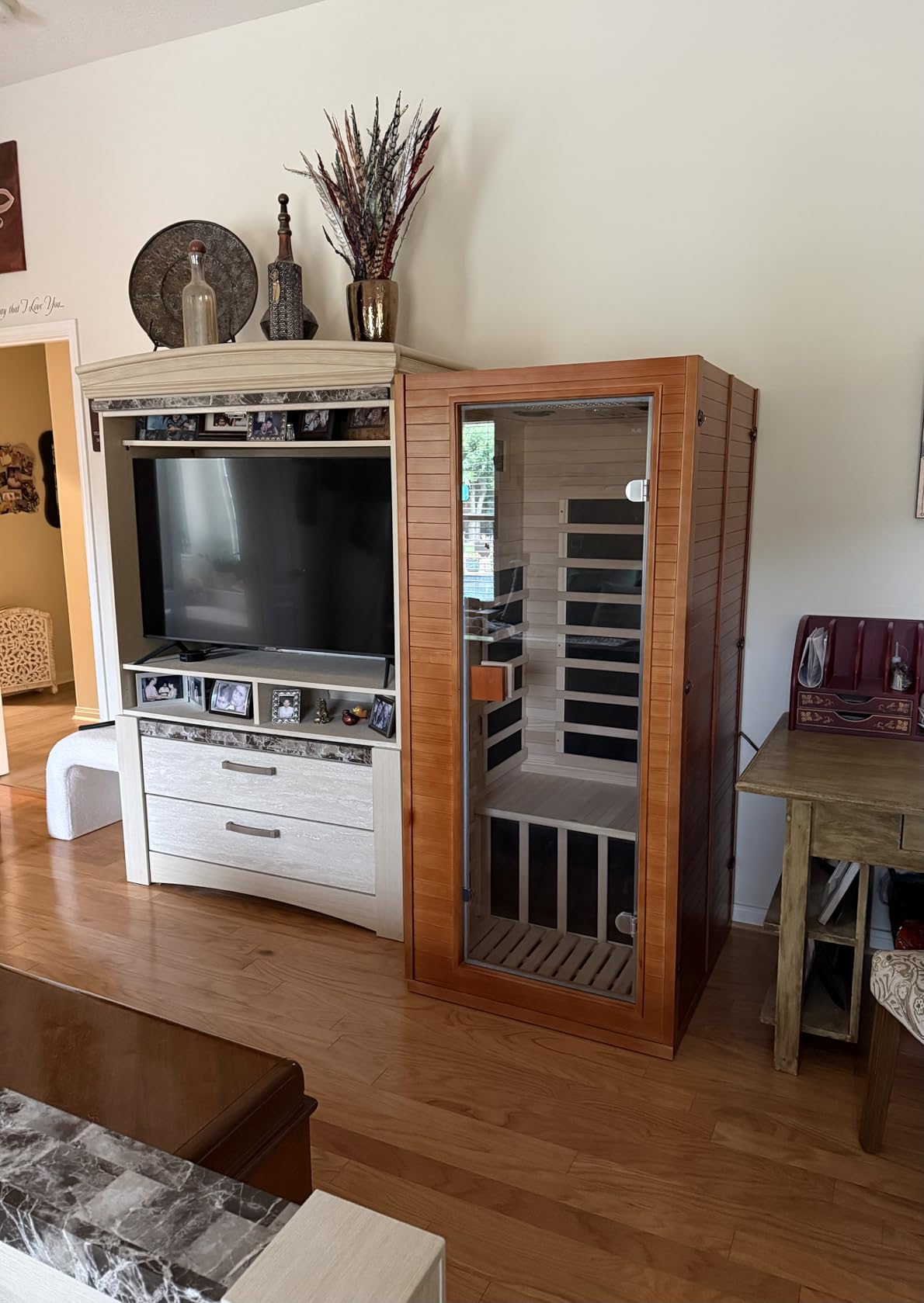 Full Spectrum Infrared Sauna, 1 Person Home Infrared Sauna with Red Light Therapy, Indoor Canadian Hemlock Wood Dry Saunas Room,1178w/120v, Foot Warmer, 7 Heating Panels, Bluetooth Speakers customer photo 2
