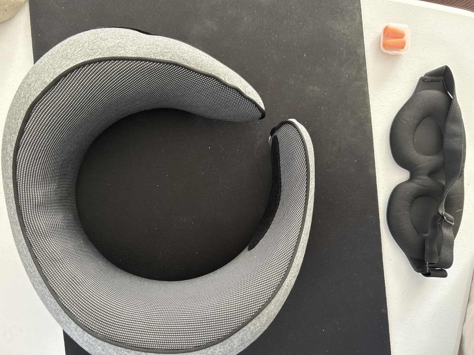 Purroch G-Shape Memory Foam Travel Neck Pillow - 100% Pure Foam Ergonomic Support with Eye Mask & Ear Plugs for Airplane Flights, Car Trips & Office Naps, Beige Gray customer photo 2