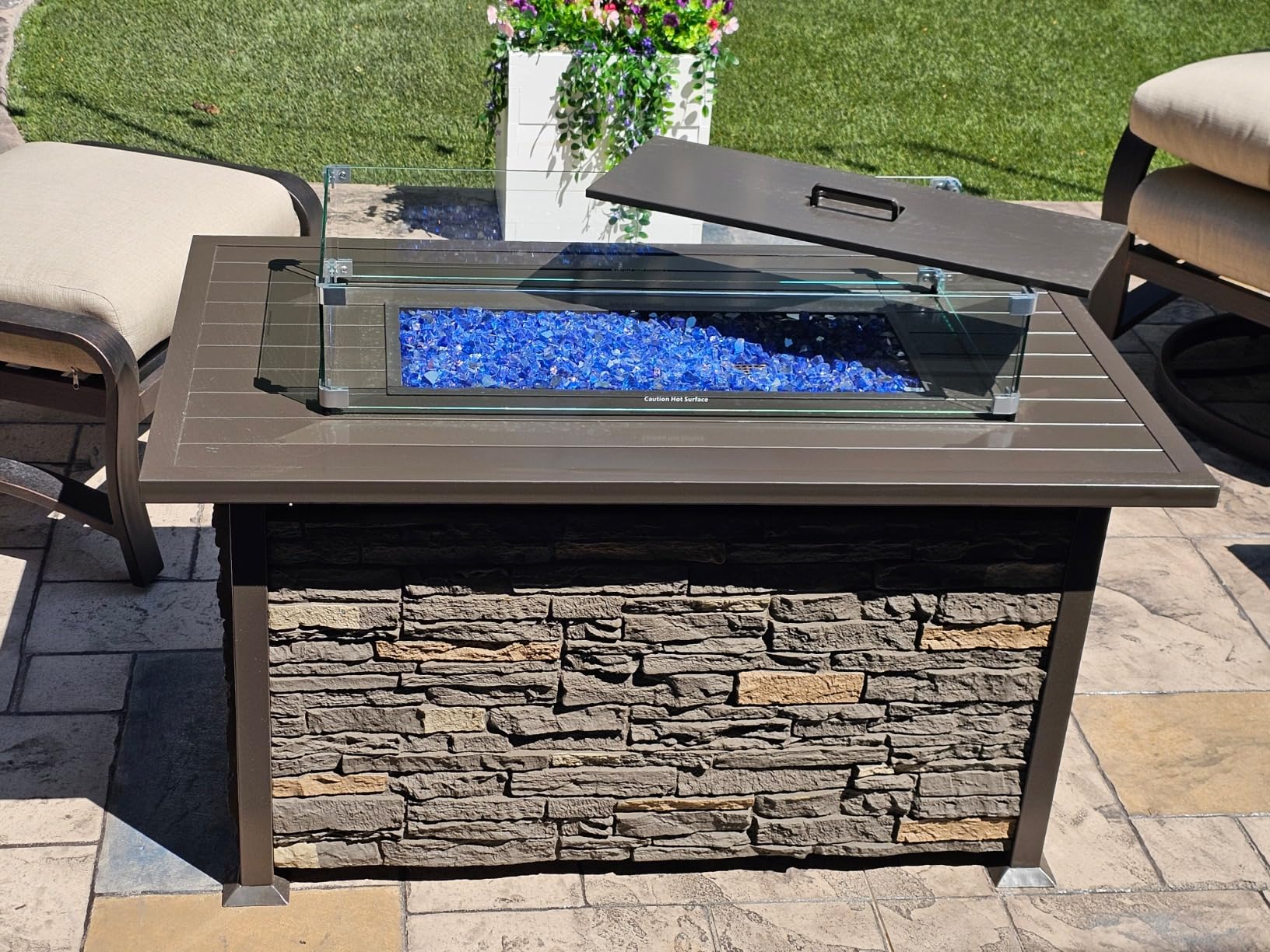 NOBLEMOOD 48 INCH Propane Fire Pit Outdoor Fire Table w/Faux Ledgestone Base, 50,000 BTU Gas Fire Pit Table w/Metal Table Top, Dustproof Cover for Outdoor, Patio, Garden, CSA Certification customer photo 2
