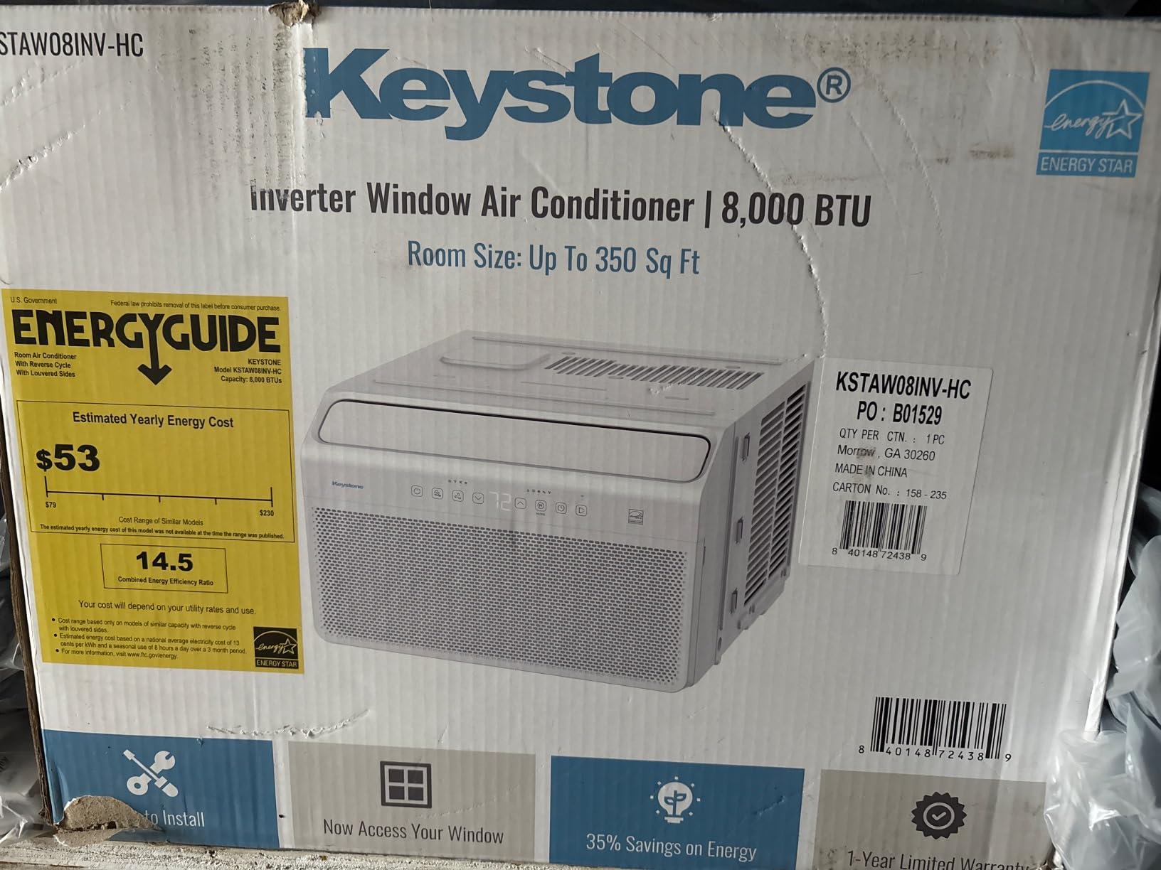 Keystone Energy Star 8,000 BTU Window Mounted Inverter Air Conditioner with Supplemental Heat, Quiet High Efficiency Window AC Unit with Remote for Apartment, Medium Rooms up to 350-Sq. Ft. customer photo 1