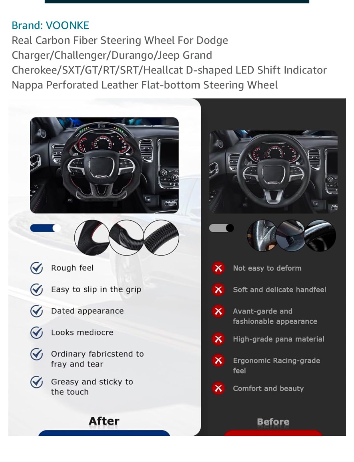 Real Carbon Fiber Steering Wheel Red Stitching For Dodge Charger/Challenger/SXT/GT/RT/SRT/Heallcat D-shaped LED Shift Indicator Nappa Perforated Leather Flat-bottom Steering Wheel-With Heat customer photo 2