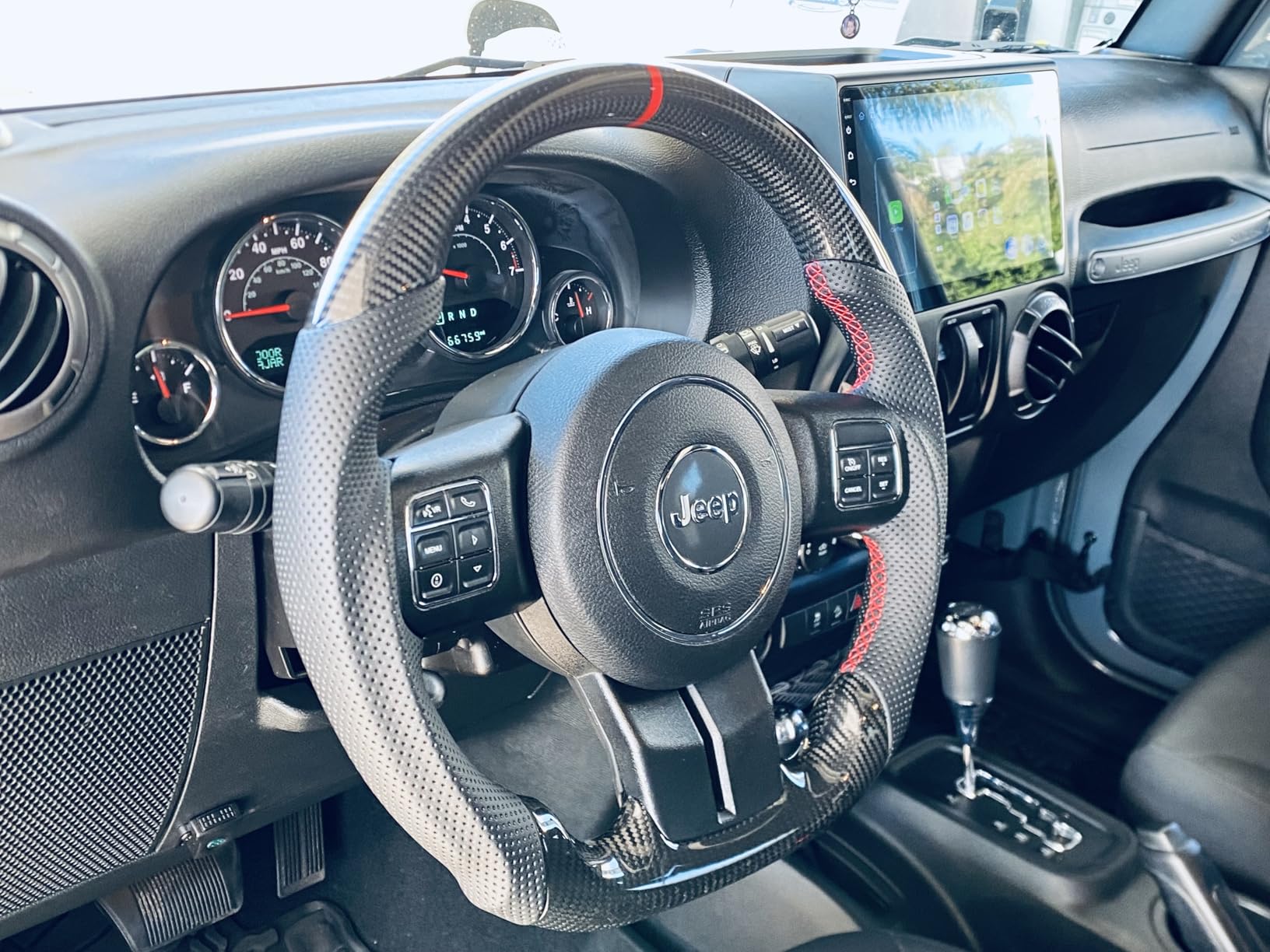 ZIMABLUE Heated Real 3K Carbon Fiber D-Shaped Steering Wheel for Jeep Wrangler JL JLU 2018-2026 & Gladiator JT 2020-2026, Perforated Nappa Leather, Red Center Stripe & Stitching customer photo 1