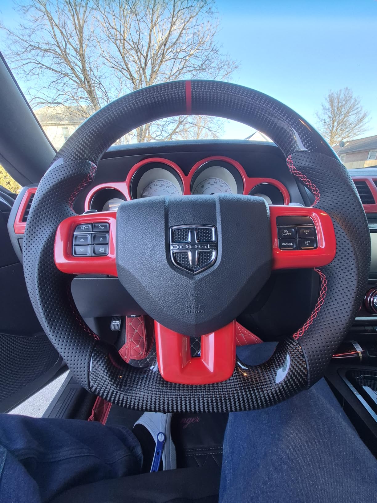 Heated Forged Carbon Fiber Steering Wheel compatible with Dodge Challenger (2015-2024), for Charger, for Durango - Red Foil Pattern, Trim Cover, Flat D-Shape, Stitching customer photo 1