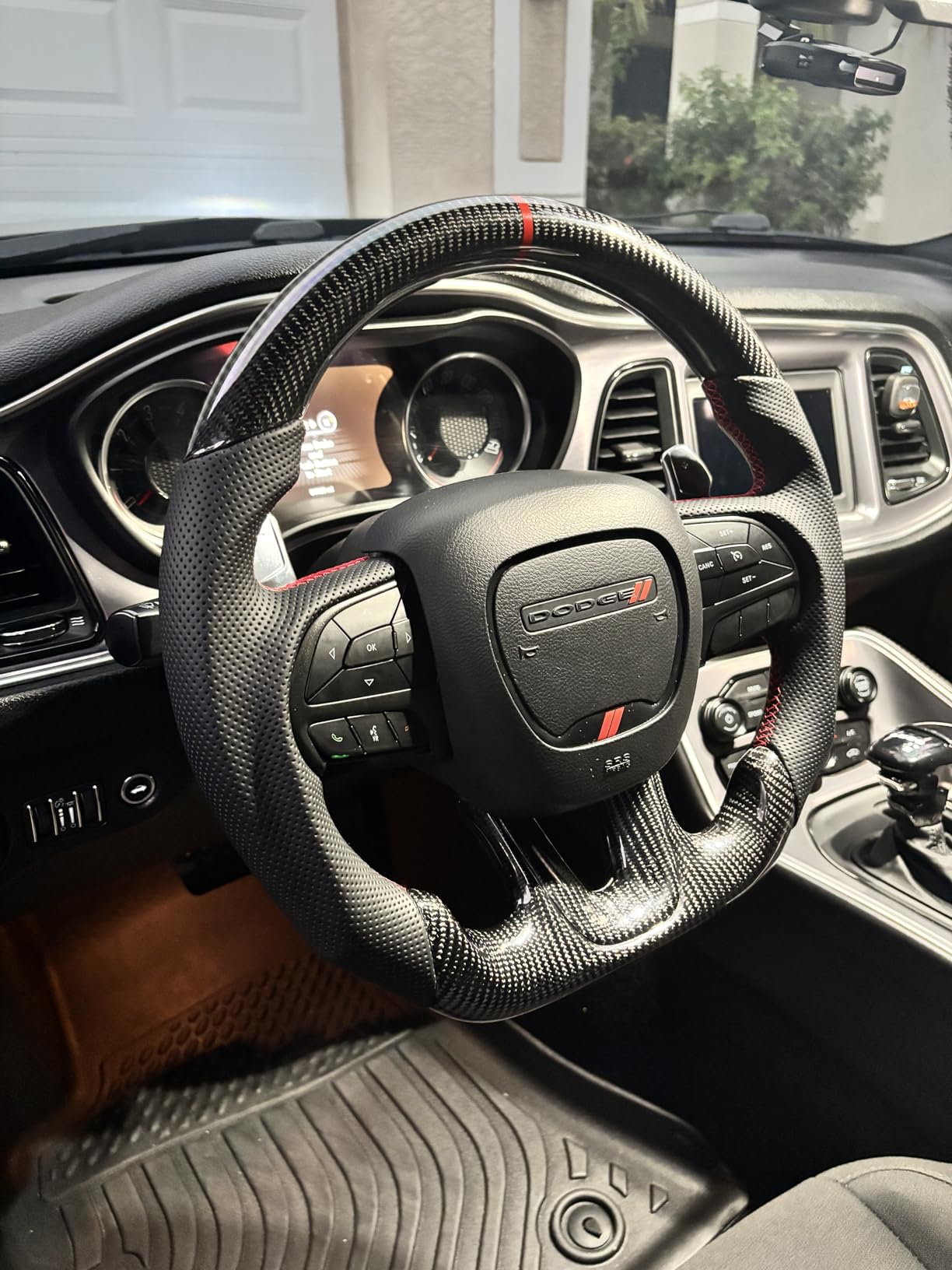 Heated Forged Carbon Fiber Steering Wheel compatible with Dodge Challenger (2015-2024), for Charger, for Durango - Red Foil Pattern, Trim Cover, Flat D-Shape, Stitching customer photo 2