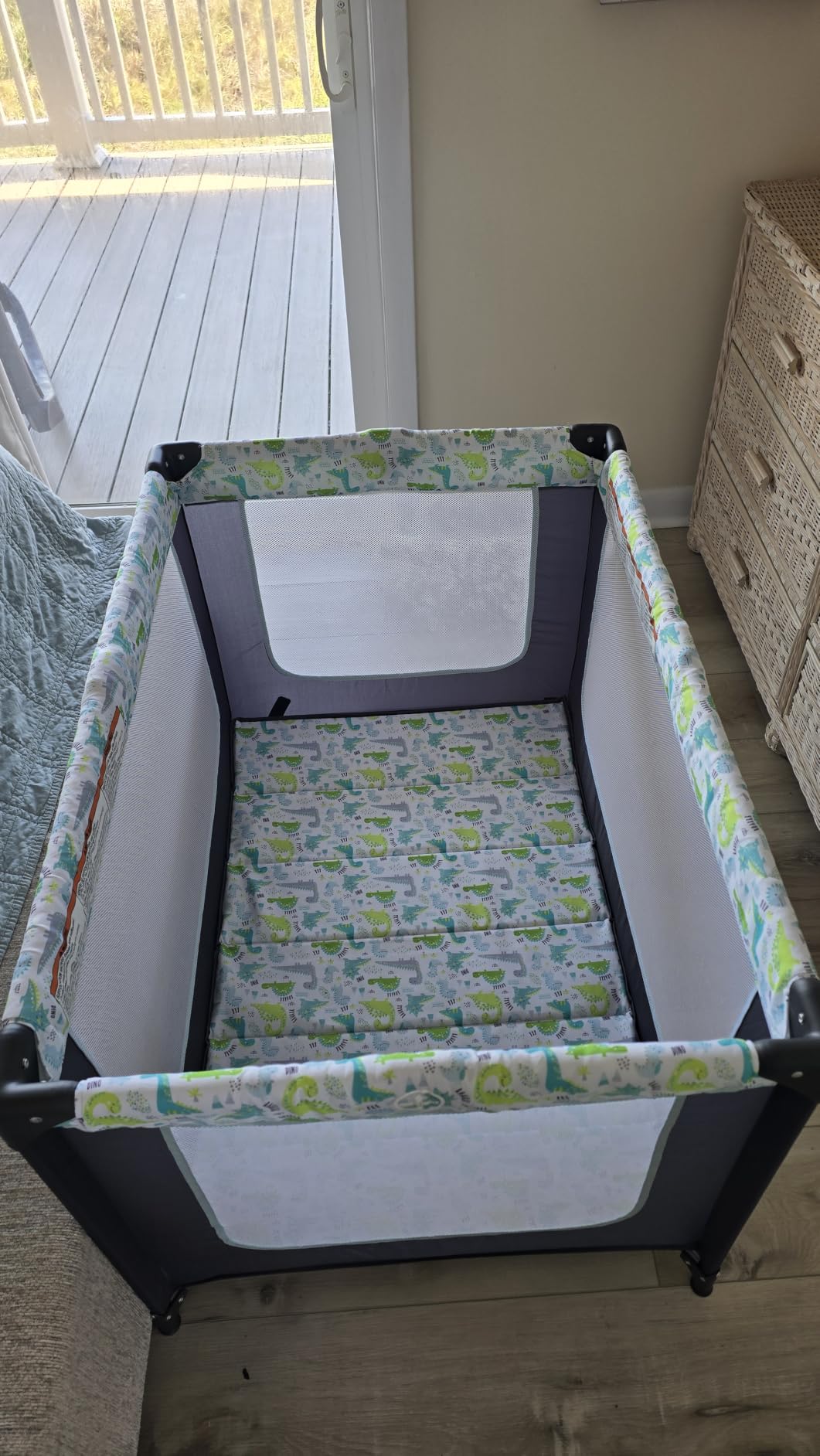 Dream On Me Zodiak Baby Playard, Breathable Mesh Sides, Soft Comfortable Mattress, Quick & Easy to Fold with Travel Carry Bag, Compact Space Saving Design - Grey/Green customer photo 2