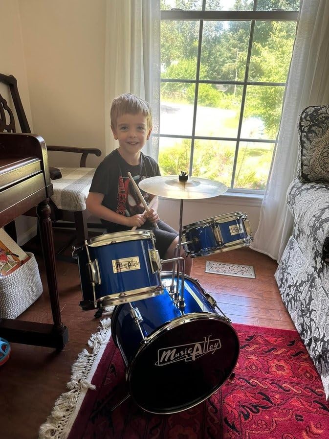 Music Alley 3 Piece Kids Drum Set with Throne, Cymbal & Sticks, Black | Junior drum set for kids with bass drum, snare, tom, cymbal, pedal, throne and sticks for young beginners customer photo 2