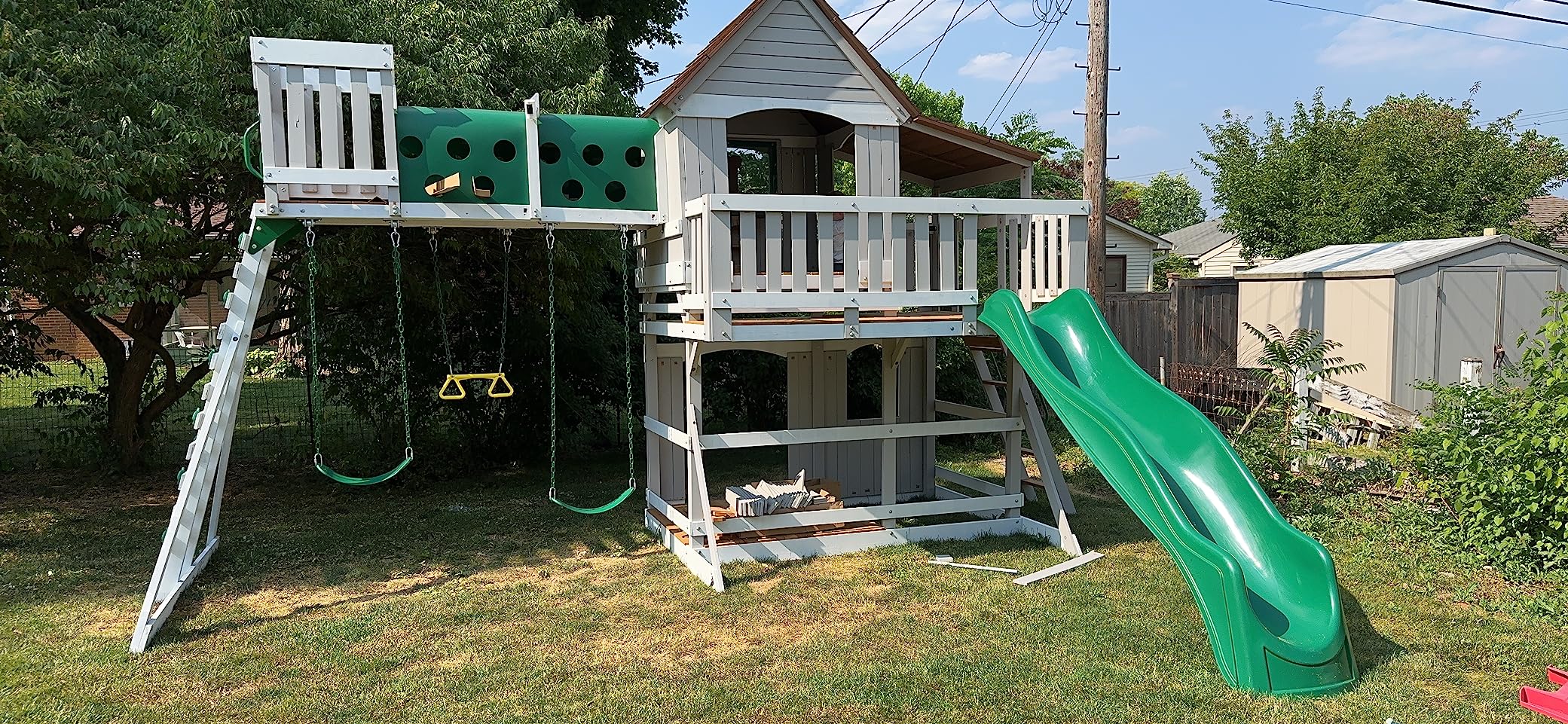 Backyard Discovery Woodridge Elite Cedar Wood Swing Set with Wave Slide, Clubhouse, Crawl Tunnel, Crow's Nest, Belt Swings, Trapeze, Rock Wall Ladder, Sandbox, Wrap-Around Porch, Deck, Outdoor Playset customer photo 2