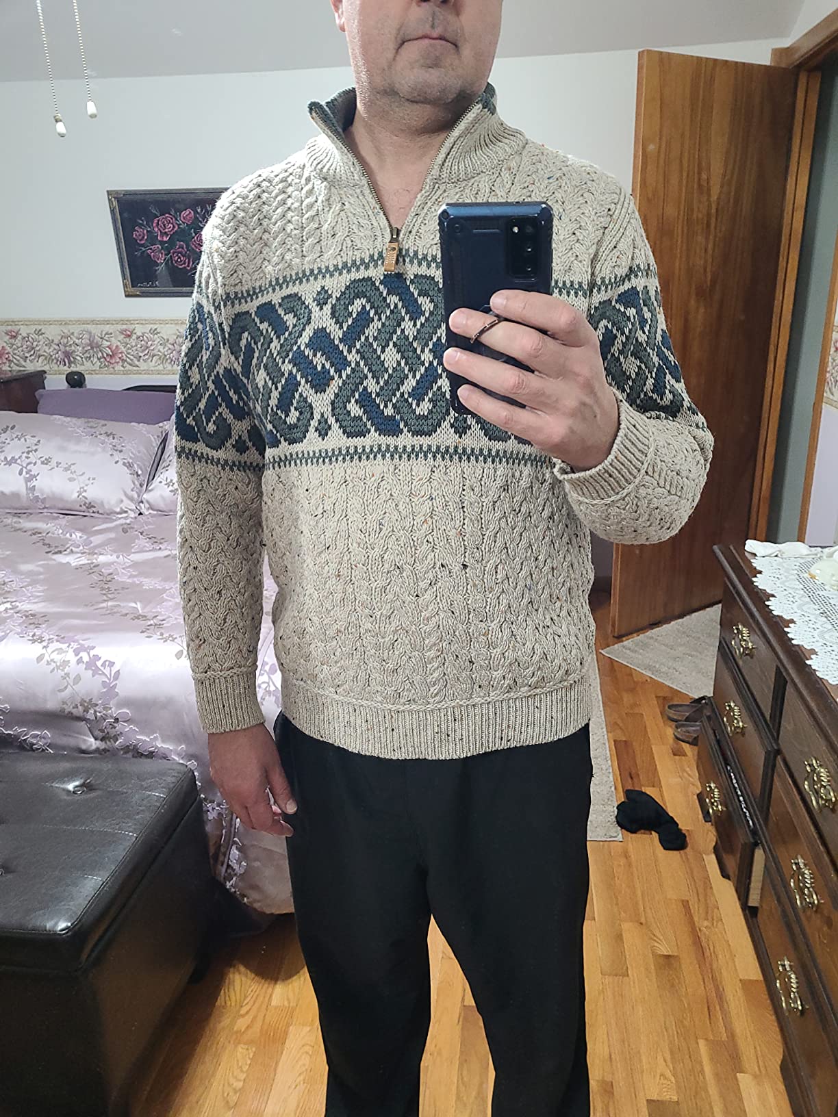 Aran Crafts Men's Irish Cable Knit Half Zip Jacquard Sweater (100% Merino Wool) customer photo 2
