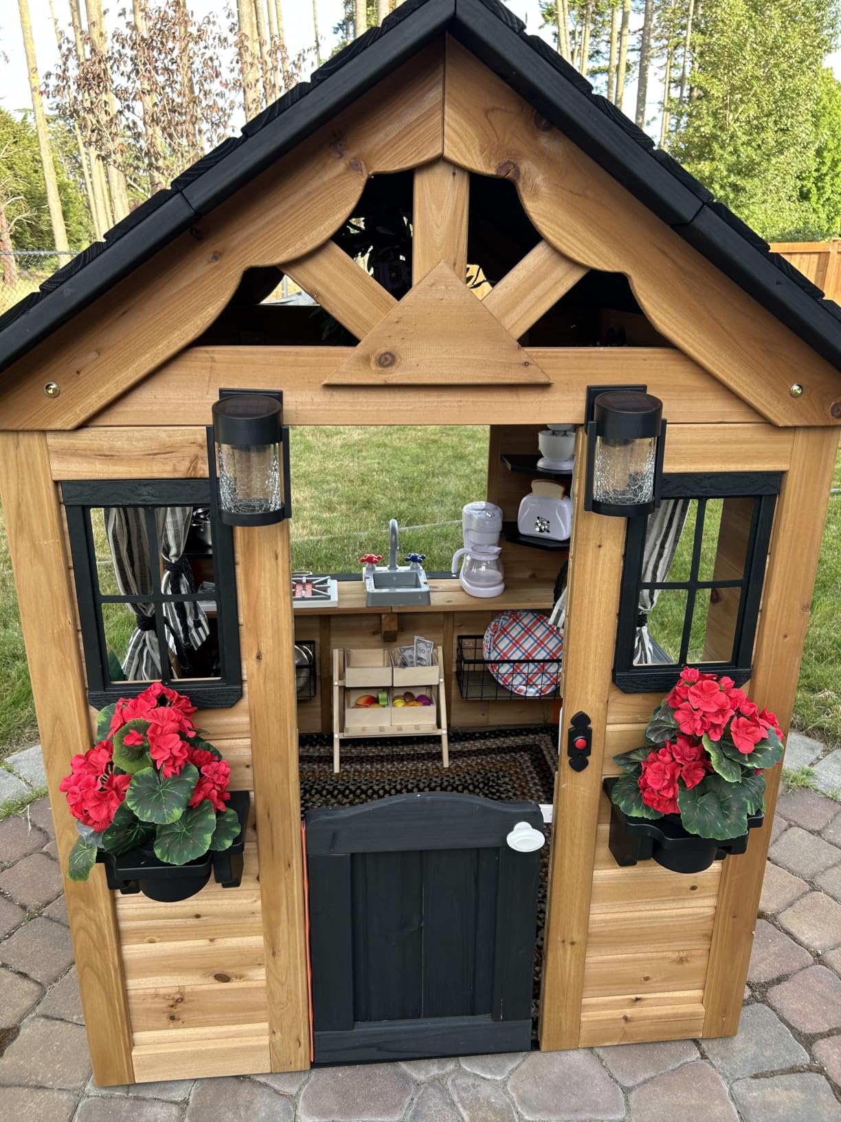 Backyard Discovery Sweetwater Cedar Wooden Kids Playhouse Cottage with Play Kitchen, Snack Bar, Half Door, Toy Phone, Windows, Flowerpot Holders, and Working Doorbell for Outdoor Imaginative Play customer photo 2