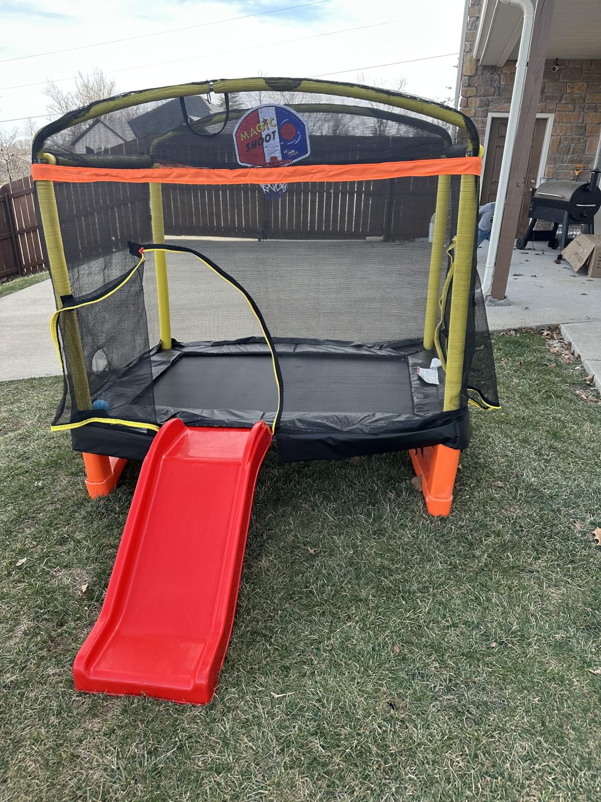 LANGXUN 6.5Ft 7-in-1 Rectangle Trampoline for Kids, with Climb, Slide, Swing, Basketball Hoop, Multi-Functional Indoor Outdoor Baby Toddler Mini Trampoline for Girls and Boys Birthday Gift, Age 1-10 customer photo 1