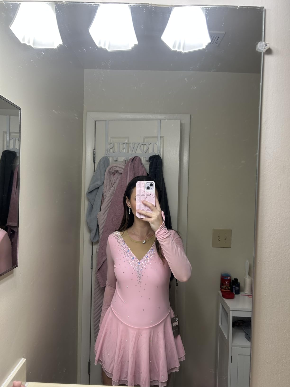 Girls' Ice Figure Skating Dress Stretch Mesh Diamond Hook Sleeves Four Colors customer photo 1