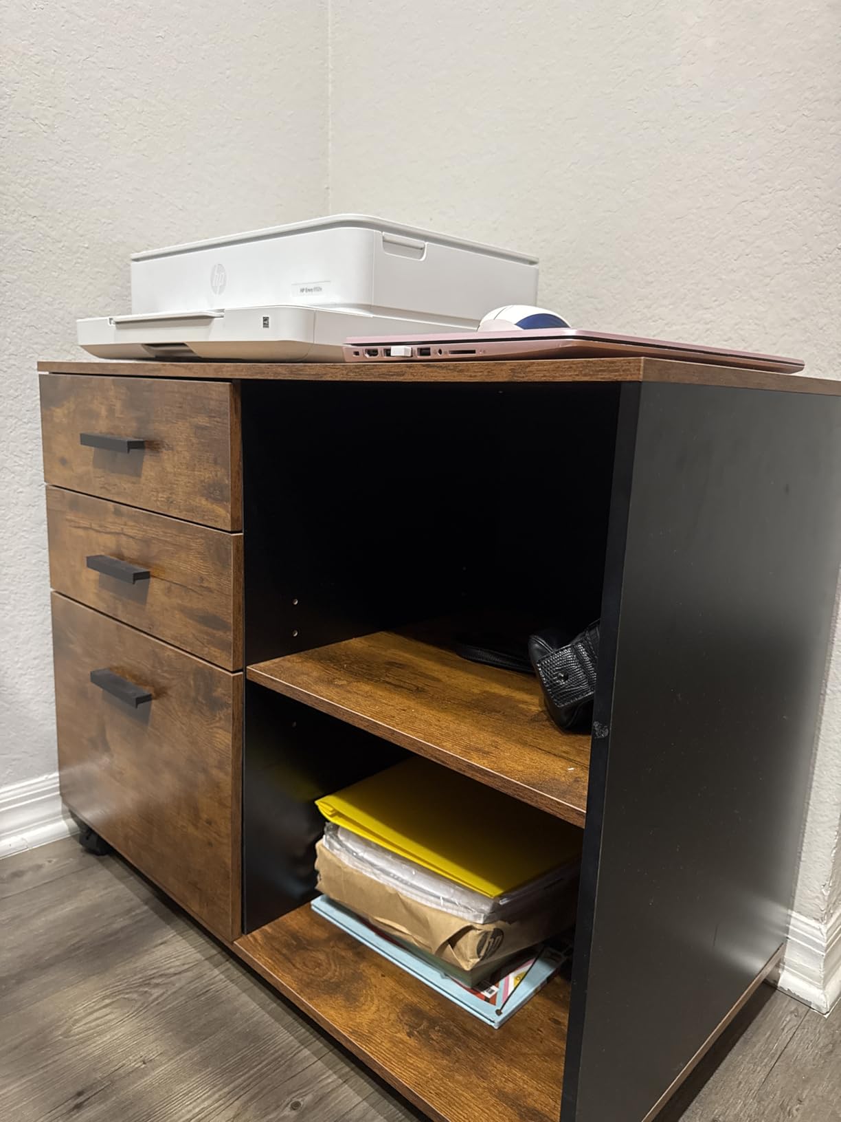 DEVAISE 3-Drawer Mobile File Cabinet, Lateral Filing Cabinet, Rustic Brown | Wood, Rolling Printer Stand, Under Desk Storage, Open Shelves, Fits Letter & A4 File, Home Office customer photo 1