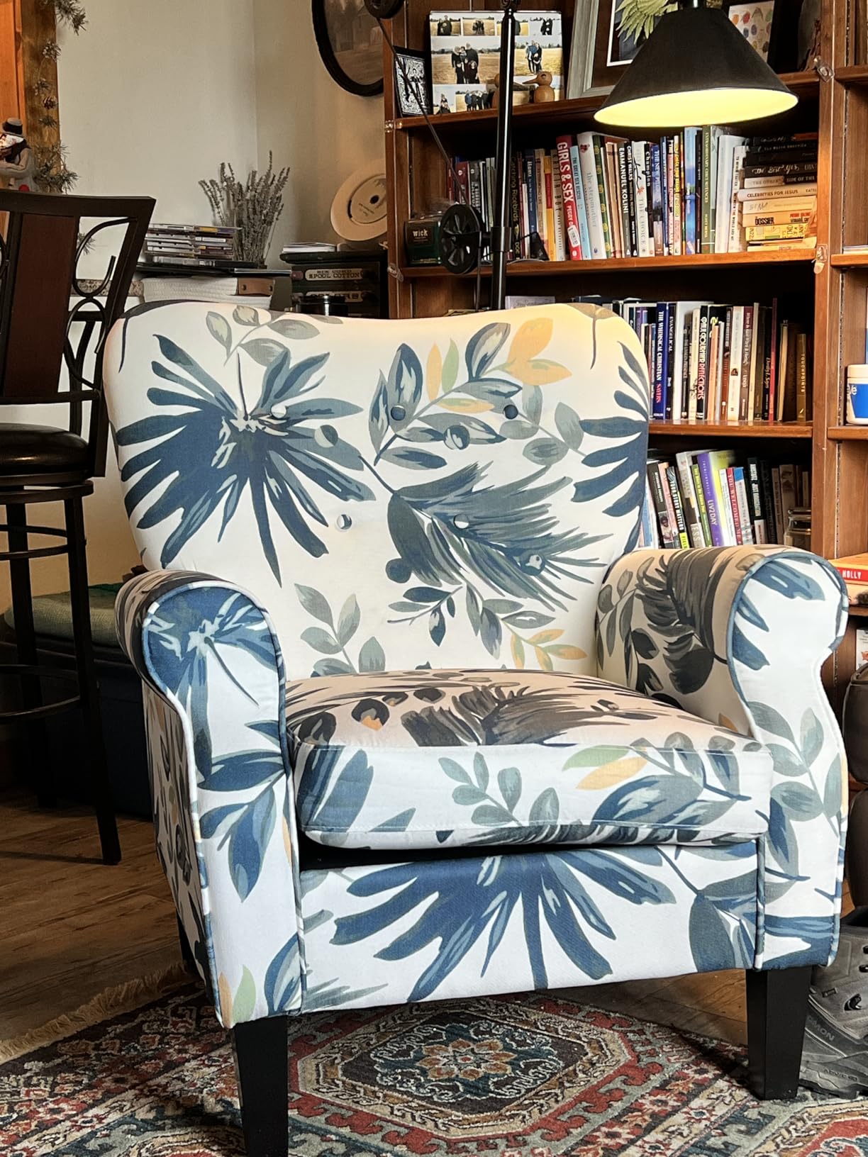 YOLENY Modern Accent Chair,High Back Armchair,Upholstered Fabric Button Single Sofa with Wooden Legs for Living Room,Bedroom,Blue Leaves customer photo 1
