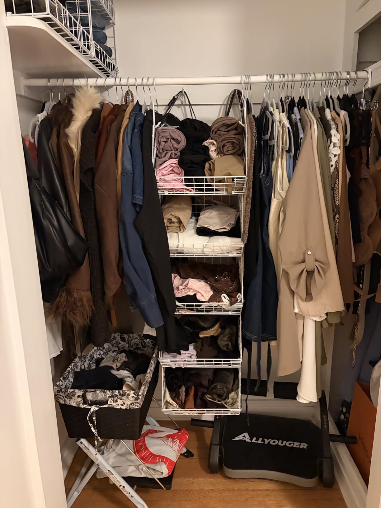 X-cosrack 5 Tier Closet Hanging Organizer, Clothes Hanging Shelves with 4 Hanging Hooks 5 S Hooks, Wire Storage Basket Bins, for Clothing Sweaters Shoes Handbags Clutches Accessories Patent Design customer photo 2