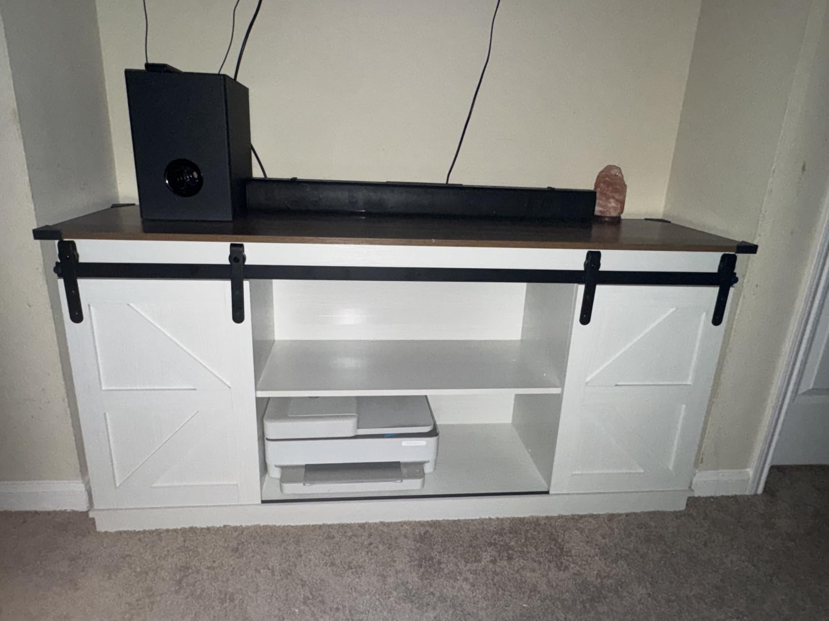 JUMMICO TV Stand for 65 Inch TV, Entertainment Center with Storage Cabinets and Sliding Barn Doors, Mid Century Modern Media TV Console Table for Living Room Bedroom (Bright White) customer photo 2
