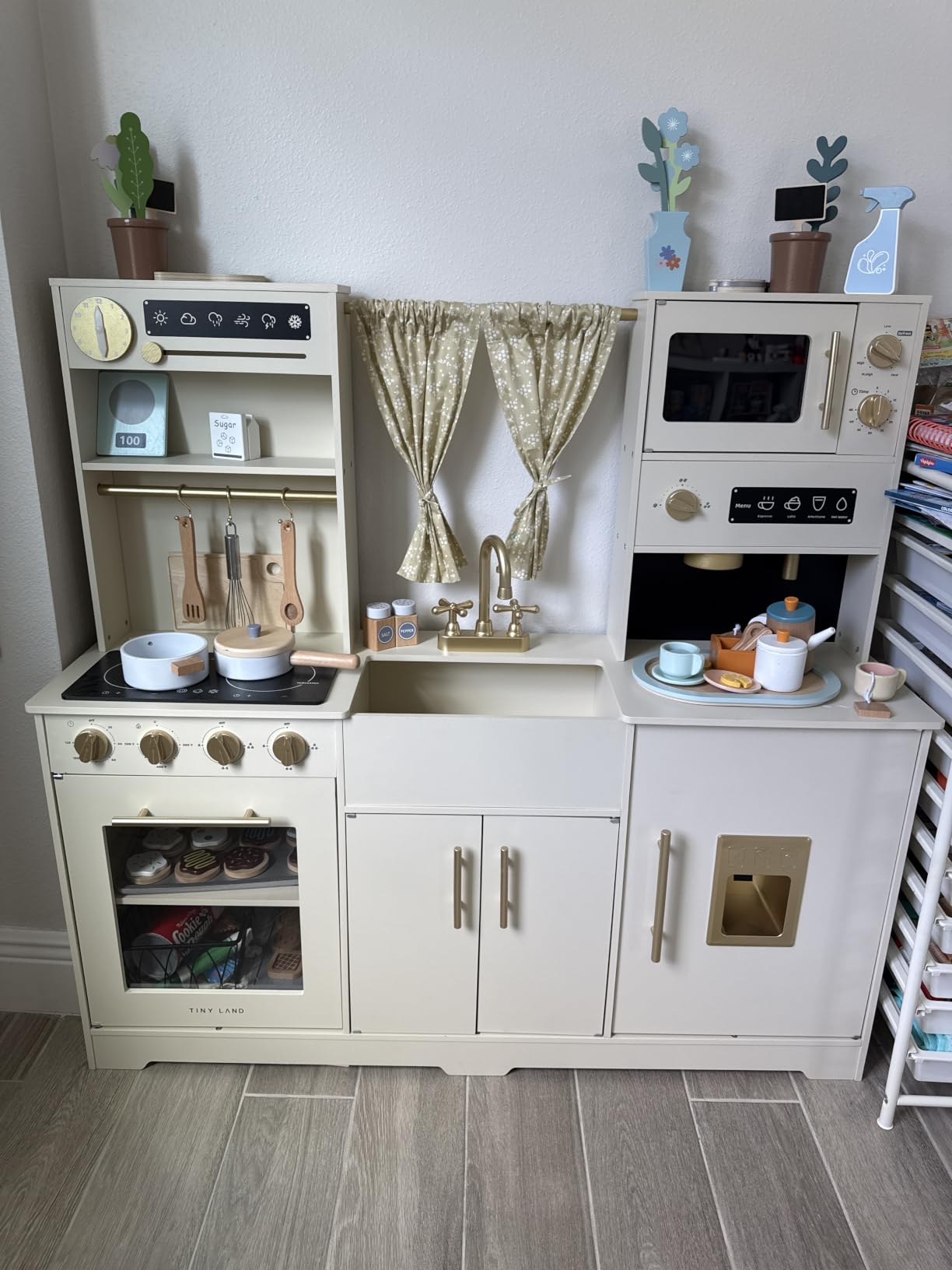 Tiny Land Play Kitchen for Kids - Modern Home Design with Fabric Curtains, Interactive Wooden Kitchen with Coffee Maker & Microwave, Pretend Play Toy, Birthday & Christmas Gift for Boys & Girls customer photo 1