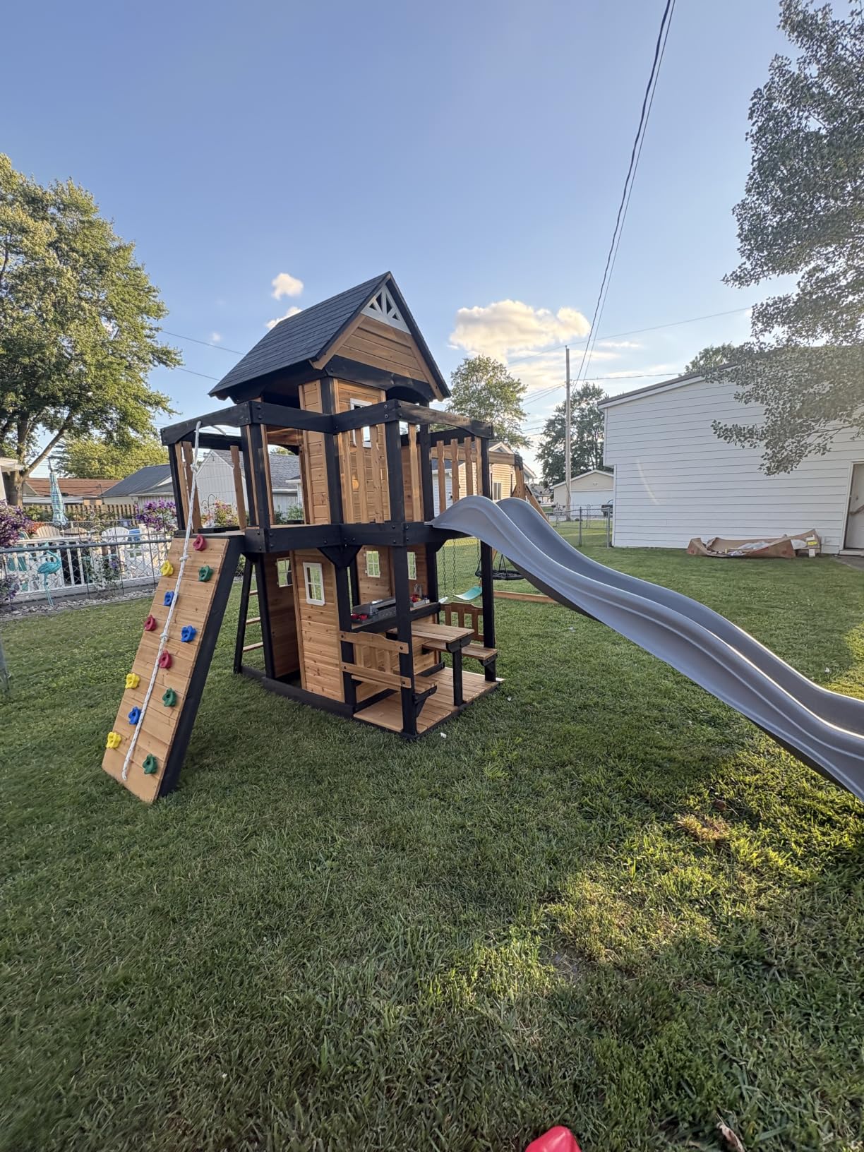 Backyard Discovery Canyon Creek Cedar Wood Swing Set with Wave Slide, Clubhouse, Play Kitchen, Picnic Area, Belt Swings, Web Swing, Rock Wall, Balconies, Playhouse, Step Ladder, Outdoor Playset customer photo 2