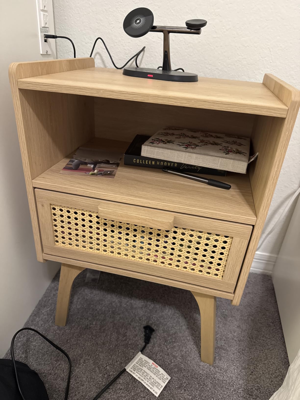 Lerliuo Rattan Nightstand, Boho Side Table with Drawer Open Shelf, Cane Accent Bedside End Table with Solid Wood Legs customer photo 2