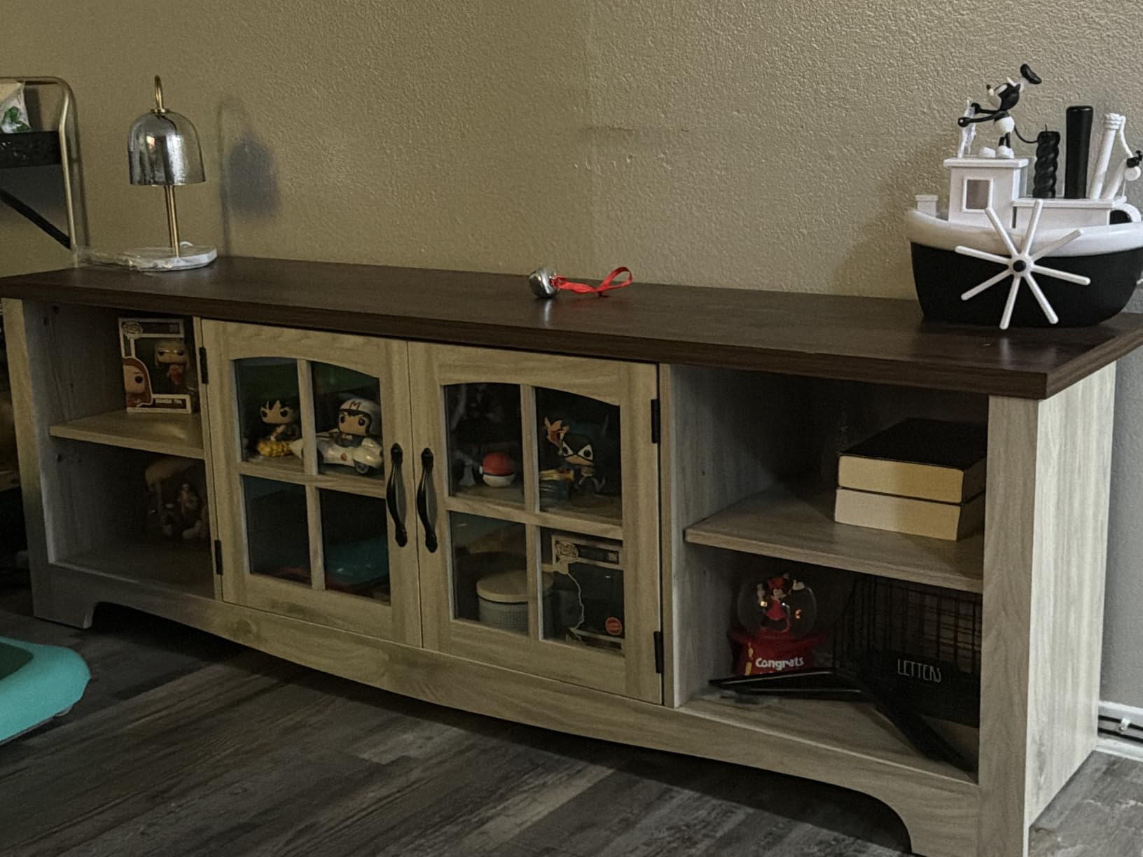 LINSY Home Farmhouse TV Stand for 65 Inch TV, Wood Entertainment Center with Glass Door Storage Cabinet & Adjustable Shelves, Large Sturdy Console Table for Living Room & Bedroom customer photo 1