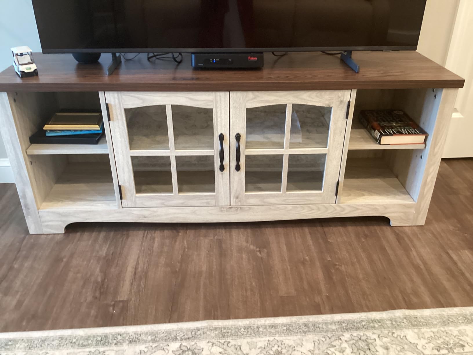 LINSY Home Farmhouse TV Stand for 65 Inch TV, Wood Entertainment Center with Glass Door Storage Cabinet & Adjustable Shelves, Large Sturdy Console Table for Living Room & Bedroom customer photo 2
