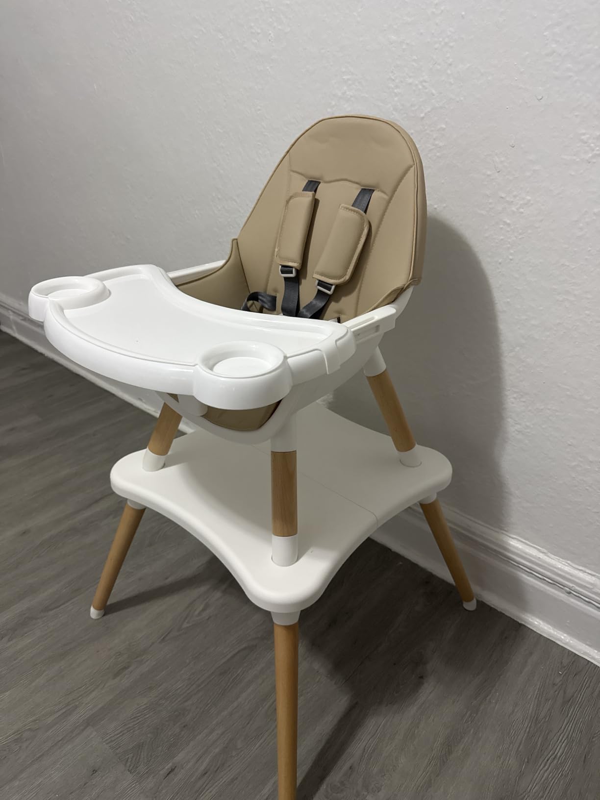 6 in 1 High Chair for Babies & Toddlers, Convertible Wooden Baby Highchair | Table and Chair Set, Baby Feeding Chair with 5-Point Adjustable Harness, 4-Position Removable Tray & PU Seat Cushion, Beige customer photo 1