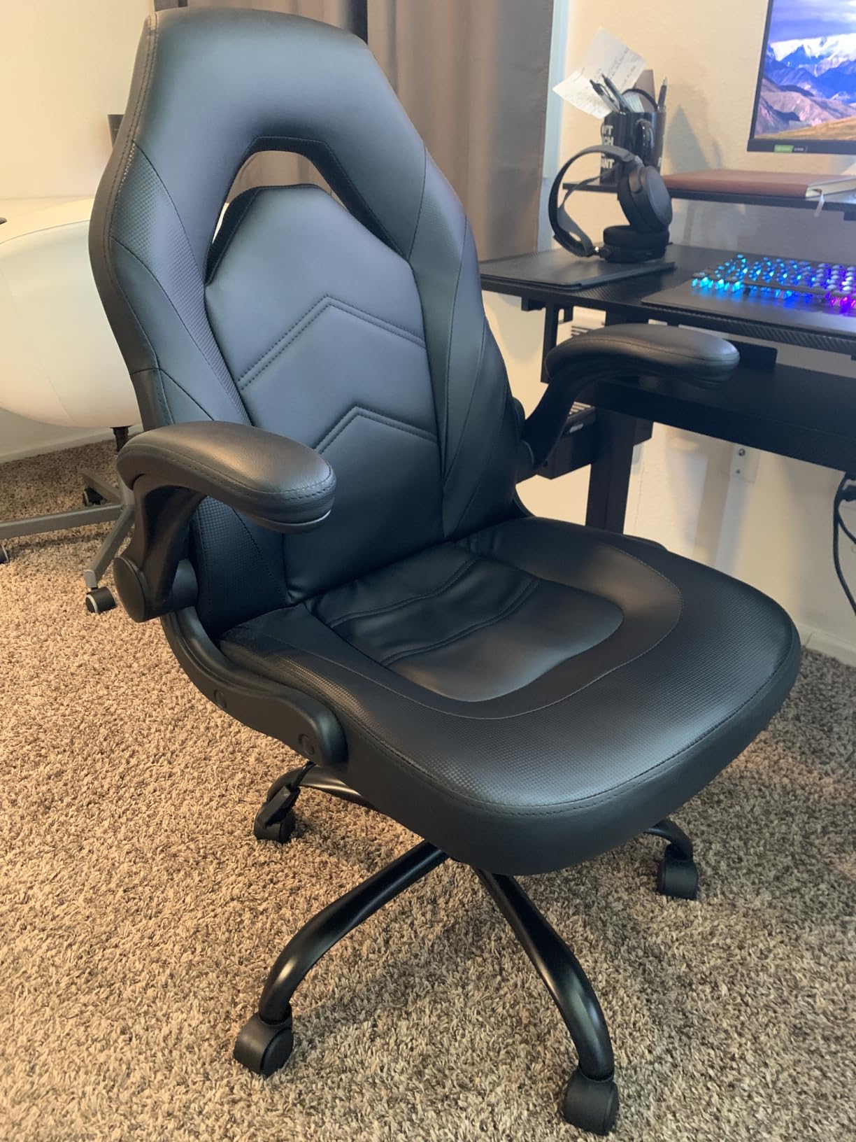Sweetcrispy Gaming Chair, Lumbar Support Home Office Computer Chair | PU Leather, Flip-up Armrest, Swivel Wheels, Height Adjustable, Video Racing, Red customer photo 1