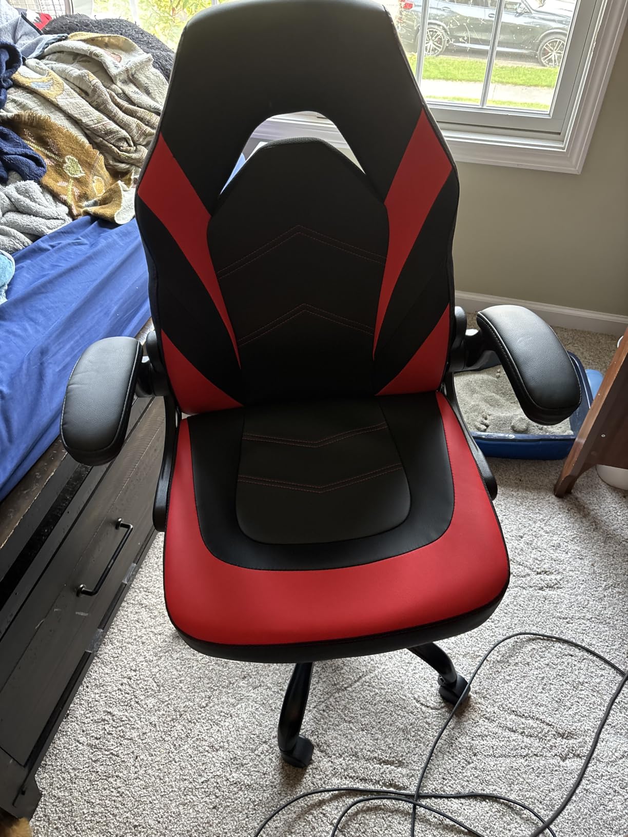 Sweetcrispy Gaming Chair, Lumbar Support Home Office Computer Chair | PU Leather, Flip-up Armrest, Swivel Wheels, Height Adjustable, Video Racing, Red customer photo 2