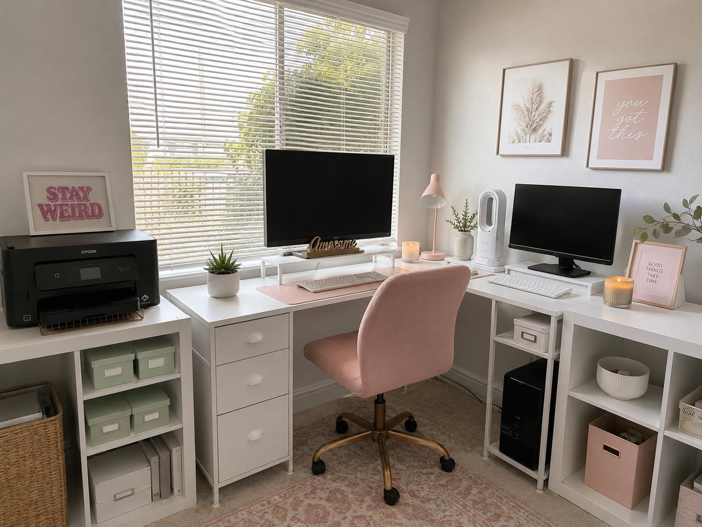 Furologee 66 inch L Shaped Desk with Power Outlet, Reversible Home Office Desk with File Drawer, 2 Monitor Stands, Storage Shelves, Corner Computer Table for Gaming, Writing, Rustic Brown customer photo 1