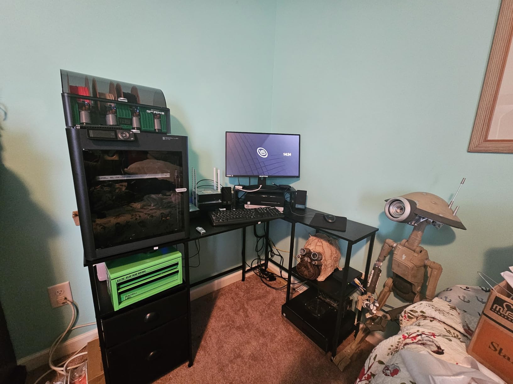 Furologee 66 inch L Shaped Desk with Power Outlet, Reversible Home Office Desk with File Drawer, 2 Monitor Stands, Storage Shelves, Corner Computer Table for Gaming, Writing, Rustic Brown customer photo 2