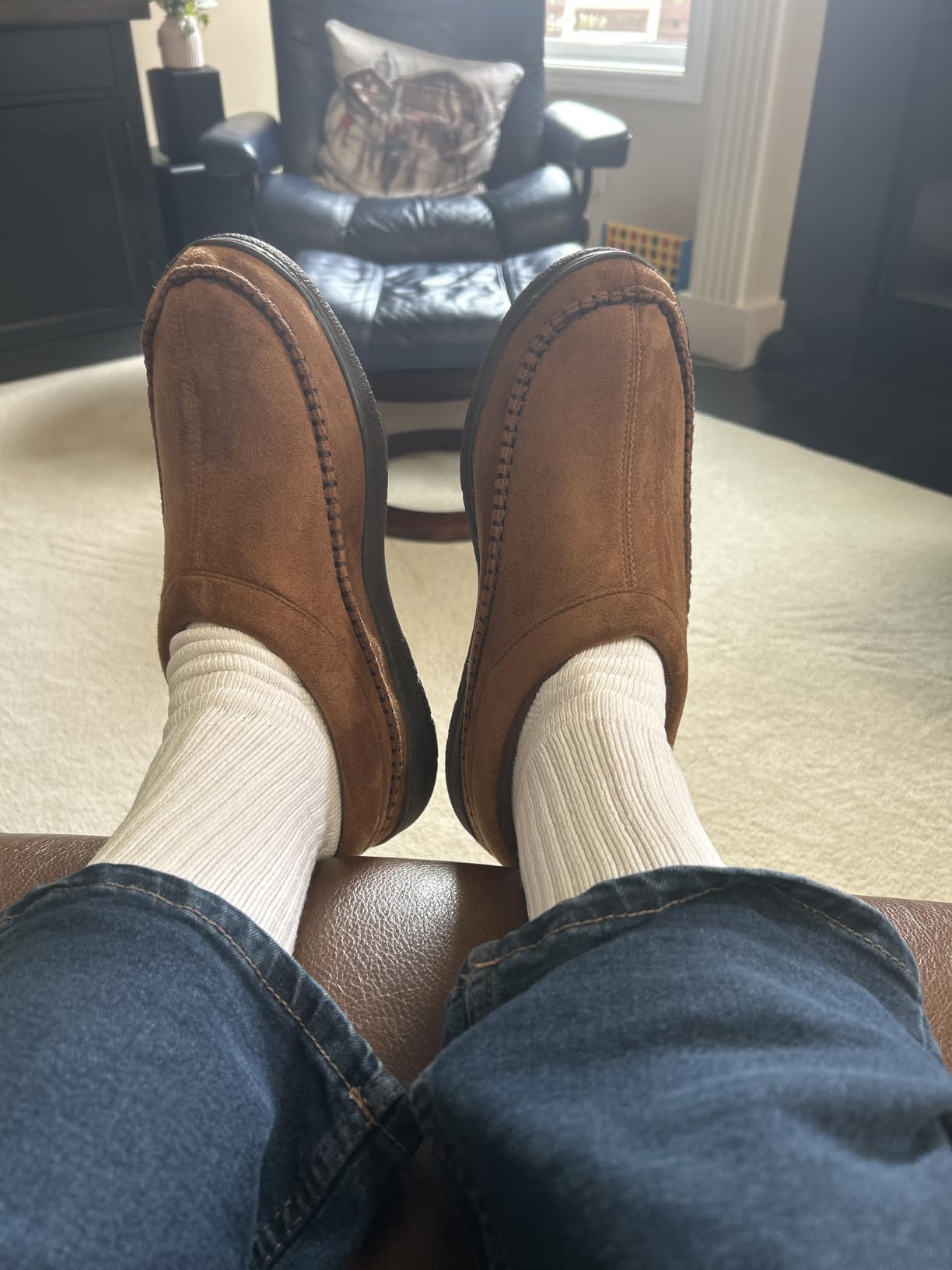 Zigzagger Men's Slip On Moccasin Slippers, Indoor/Outdoor Warm Fuzzy Comfy House Shoes, Fluffy Wide Loafer Slippers customer photo 2