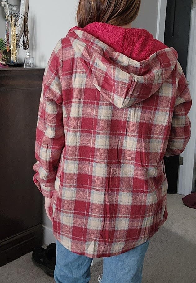 Dokotoo Womens Plaid Shacket Jacket Long Sleeve Button Down Fleece Hooded Jackets Warm Coat customer photo 1