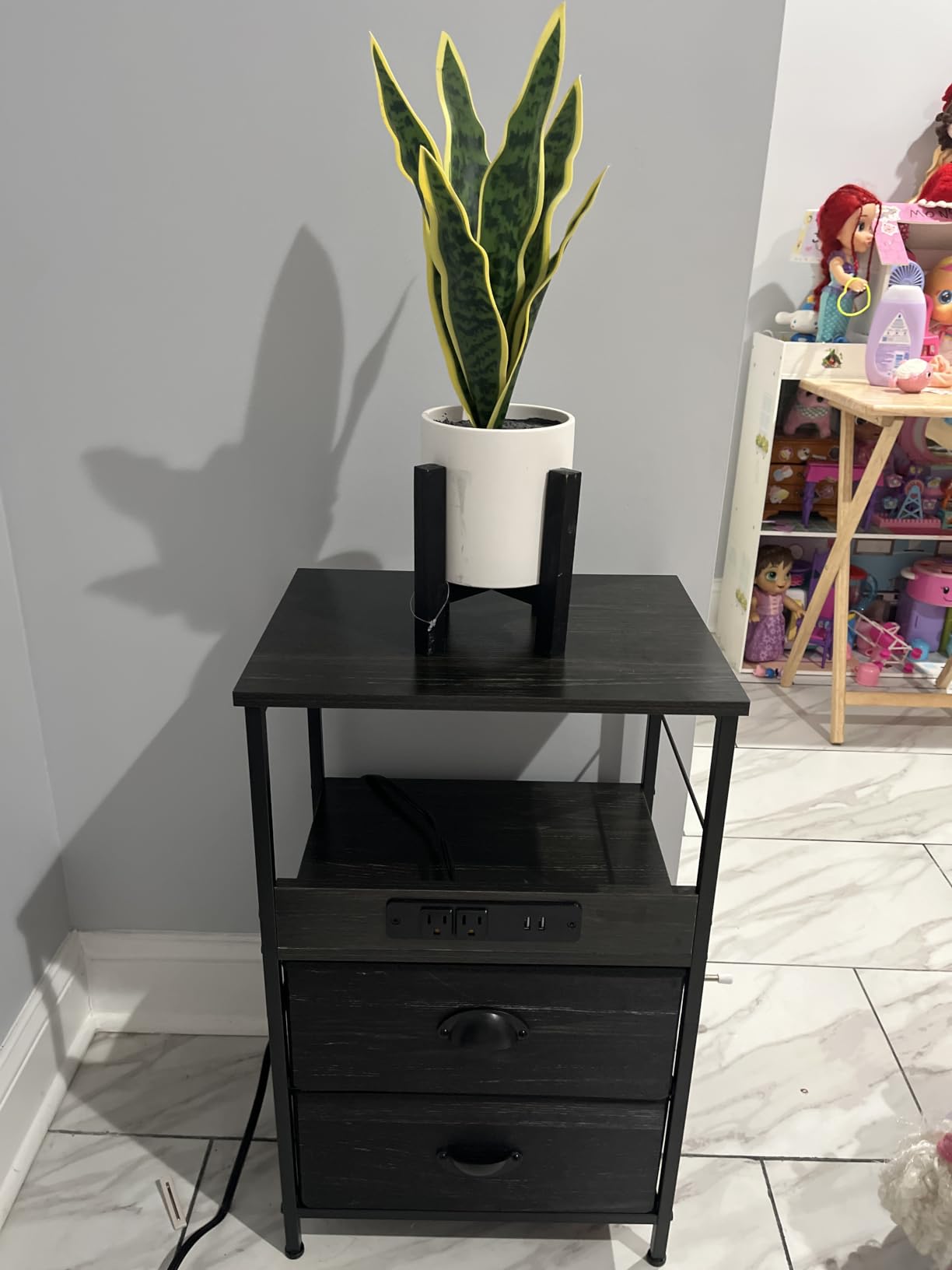 Furologee End Table with Charging Station, Nightstand with Fabric Drawers, USB Ports & Outlets, White customer photo 1