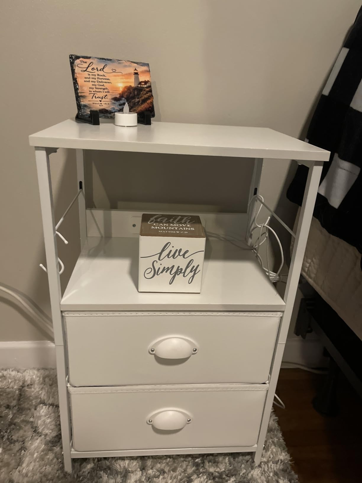 Furologee End Table with Charging Station, Nightstand with Fabric Drawers, USB Ports & Outlets, White customer photo 2