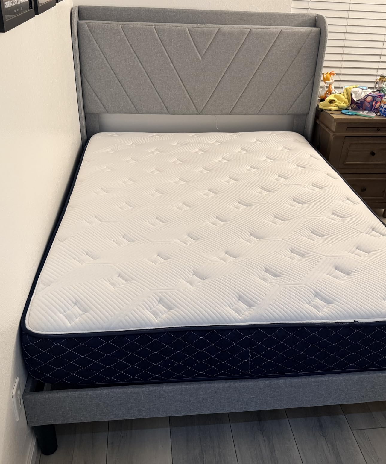 koorlian Queen Bed Frame with Headboard, Adjustable Upholstered Platform Bed Frame with Type-C&USB Ports, Wingback Storage Headboard, Solid Wood Slats Support, No Box Spring Needed, Dark Gray customer photo 1