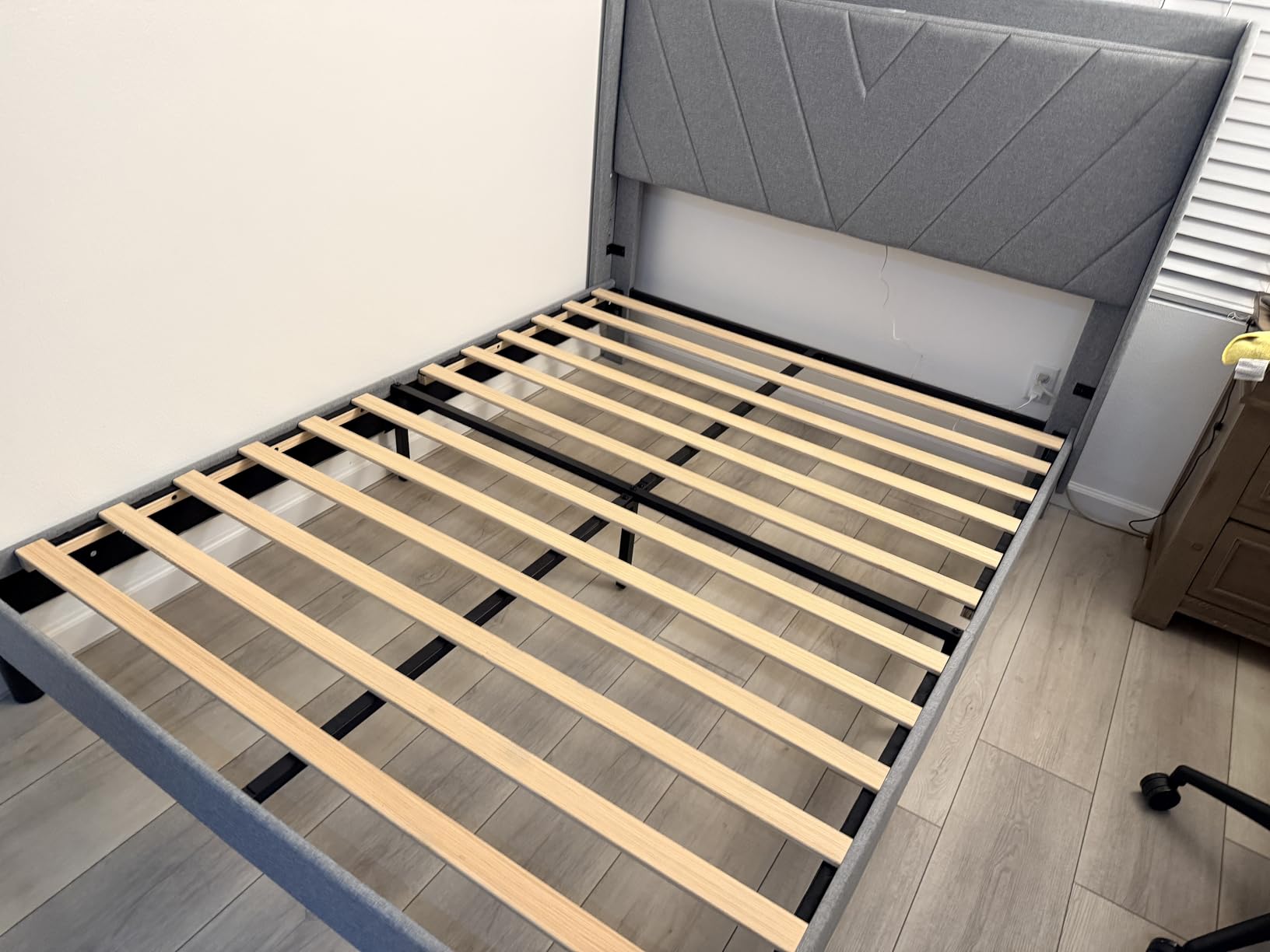 koorlian Queen Bed Frame with Headboard, Adjustable Upholstered Platform Bed Frame with Type-C&USB Ports, Wingback Storage Headboard, Solid Wood Slats Support, No Box Spring Needed, Dark Gray customer photo 2