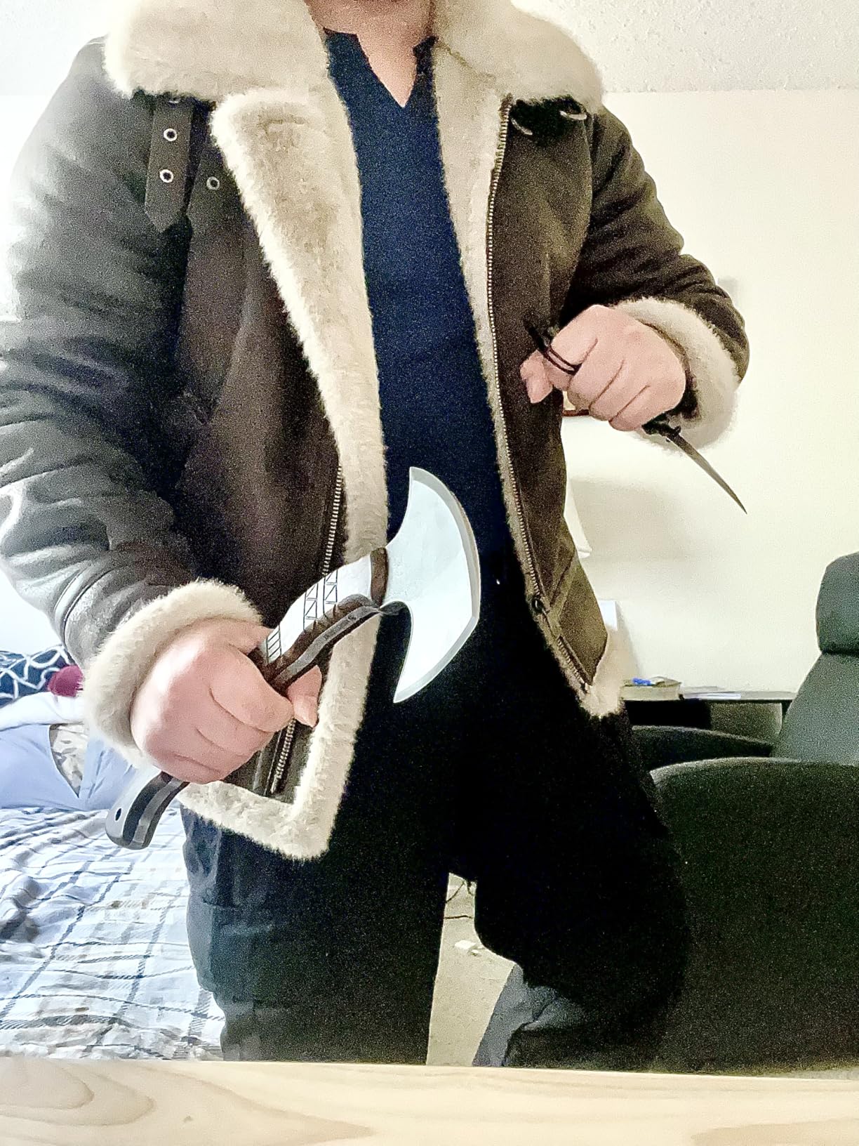 Men Brown Leather Jacket Motorcycle Shearing Fur Flight Coat Cosplay Costume for Comic-Con XS-3XL customer photo 1