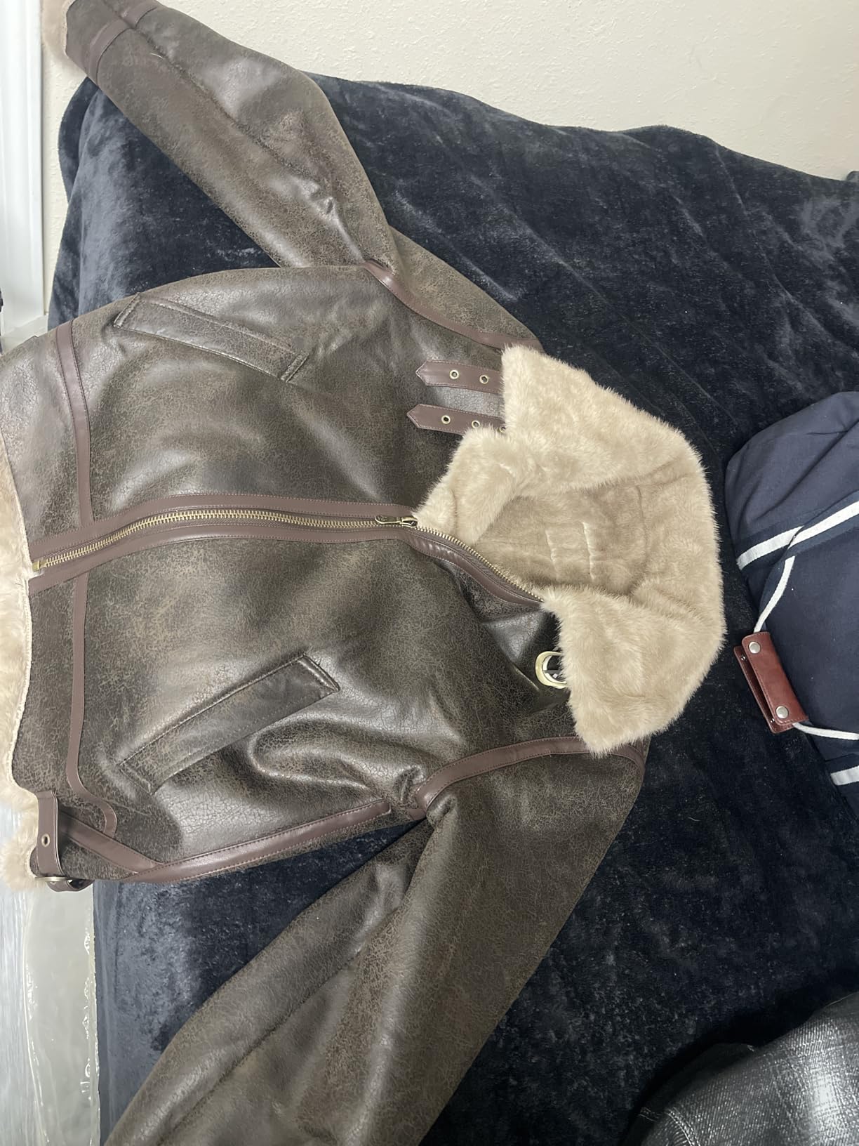Men Brown Leather Jacket Motorcycle Shearing Fur Flight Coat Cosplay Costume for Comic-Con XS-3XL customer photo 2