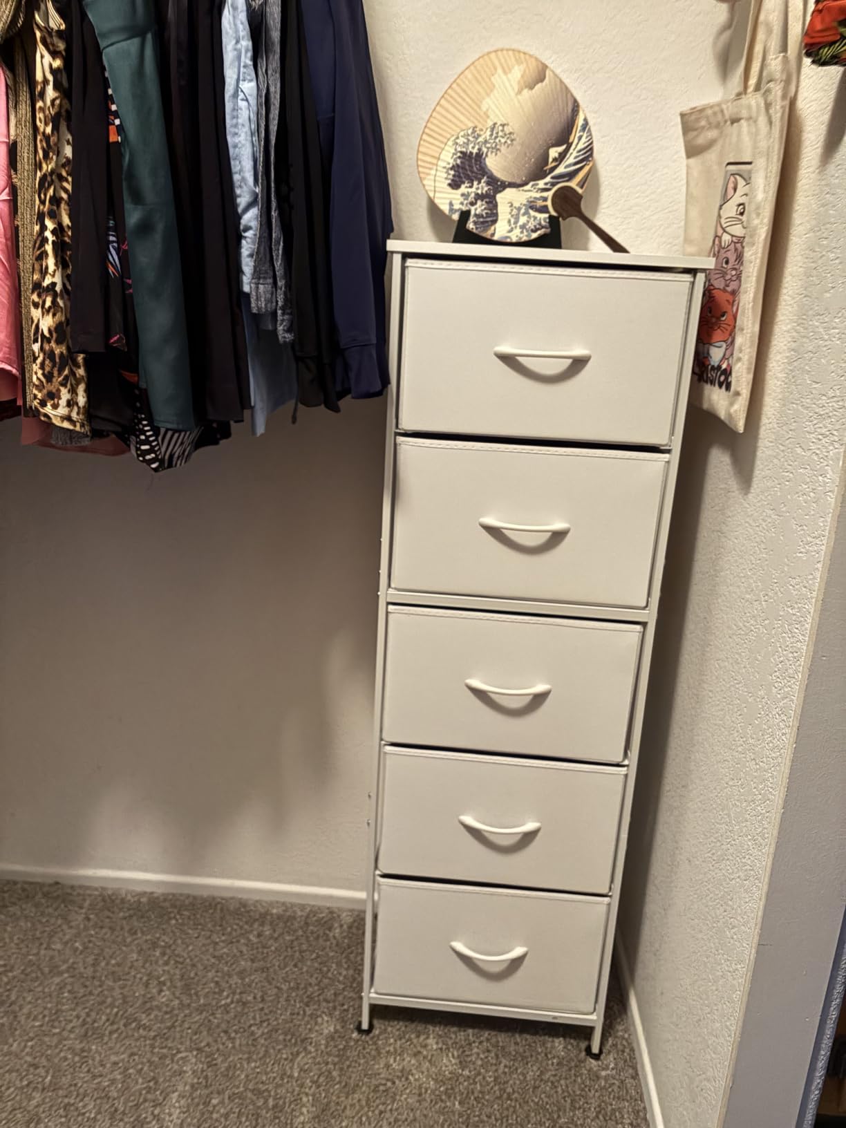 WLIVE Fabric Dresser for Bedroom, 5-Drawer Tall Dressers, Storage Organizer with Fabric Bins, Wood Top, Sturdy Steel Frame, Chest of Drawers for Closet, Hallway, Rustic Brown Wood Grain Print customer photo 1