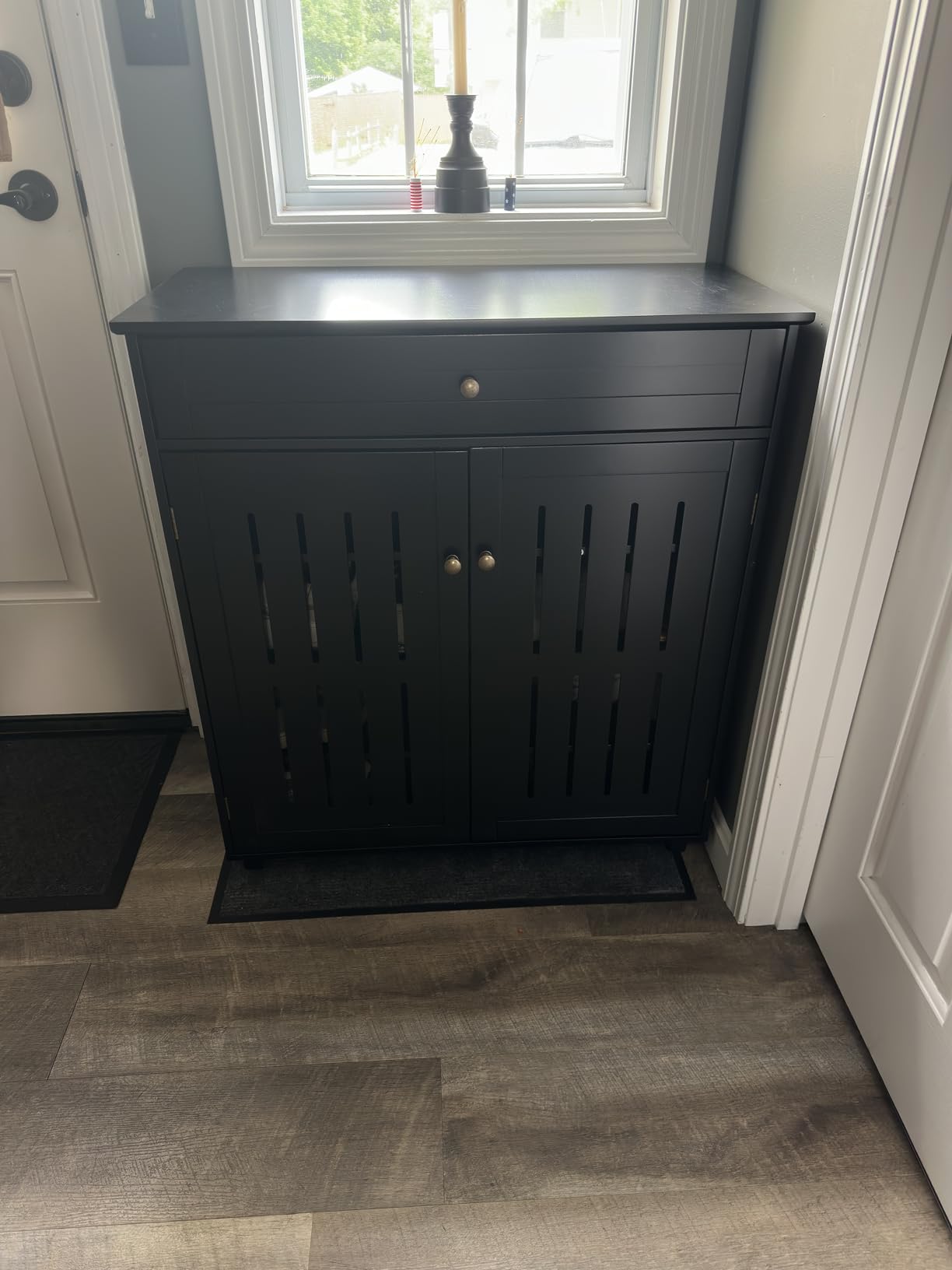 Yaheetech Tall Shoe Cabinet with Drawer & Doors for Entryway, 5-Tier Black | Two of five tiers adjust up to 8.4 in for taller shoes, each holds 22 lb, and a drawer stores keys; Painted MDF, wood legs customer photo 2
