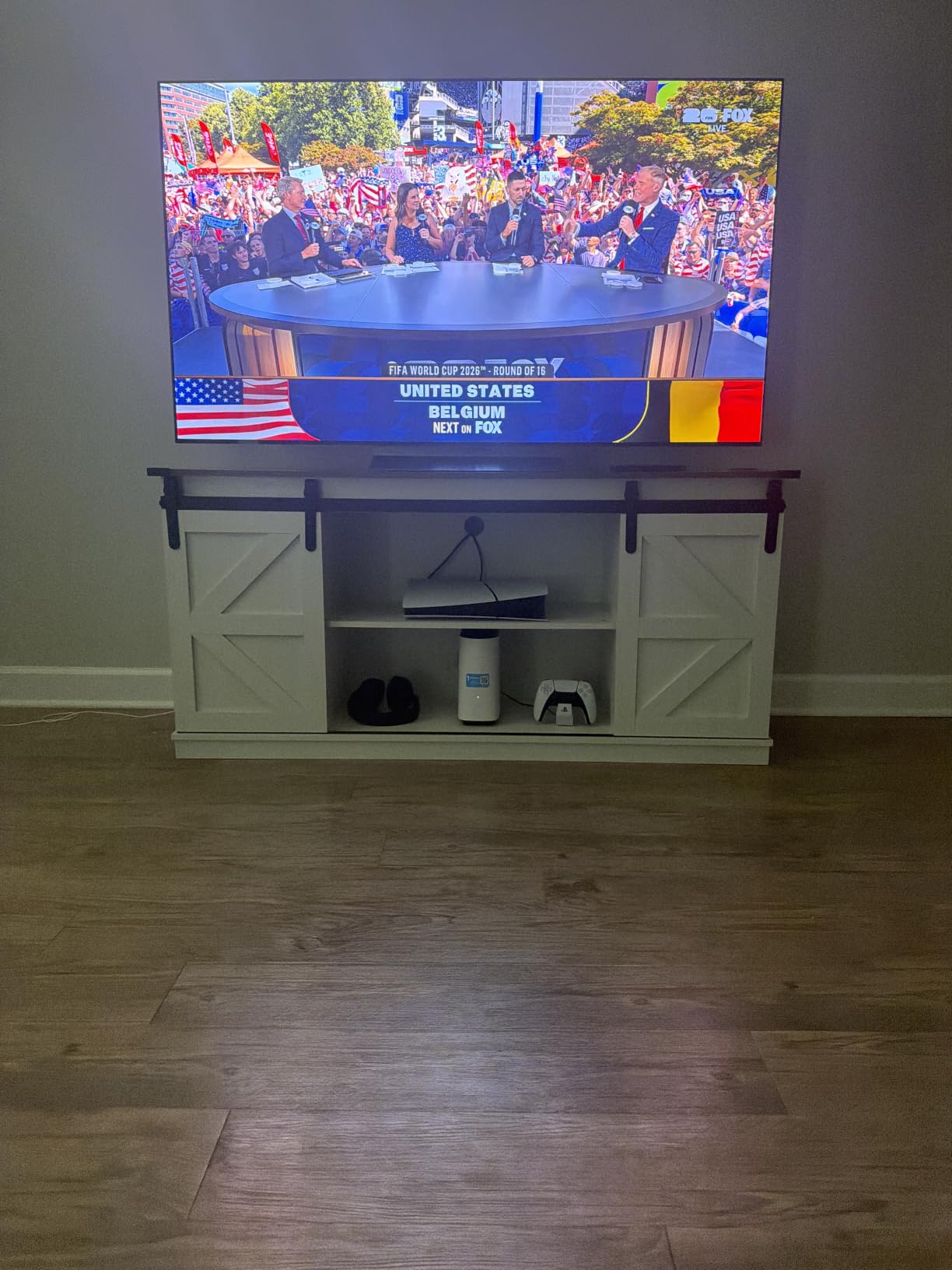 YESHOMY Farmhouse TV Stand for Televisions up to 65 Inches, Sliding Barn Doors and Storage Cabinets, Console Table and Media Furniture for Living Room, 58 Inch, White customer photo 1