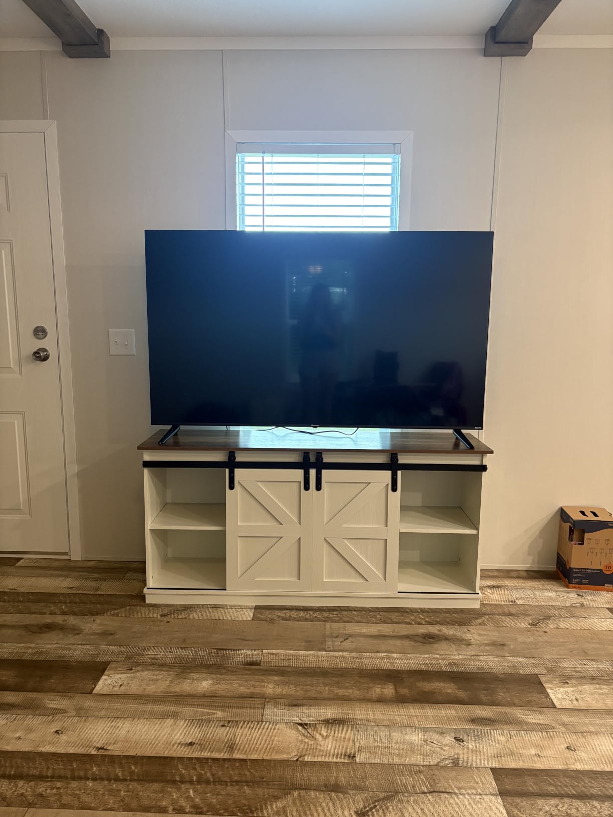 YESHOMY Farmhouse TV Stand for Televisions up to 65 Inches, Sliding Barn Doors and Storage Cabinets, Console Table and Media Furniture for Living Room, 58 Inch, White customer photo 2