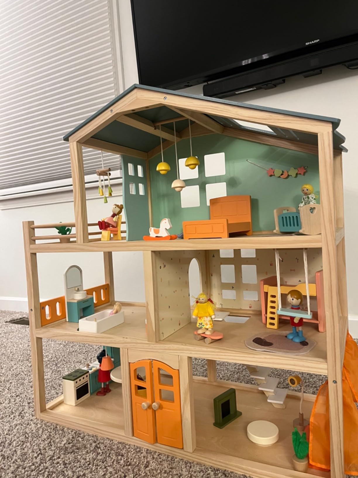 Giant bean Large Wooden Dollhouse with 32 Pcs Furniture Accessories, 3-Story Doll House 5 Rooms Balcony Wooden Stairs, Ideal Dollhouse Toy for Kids Ages 3+, 30